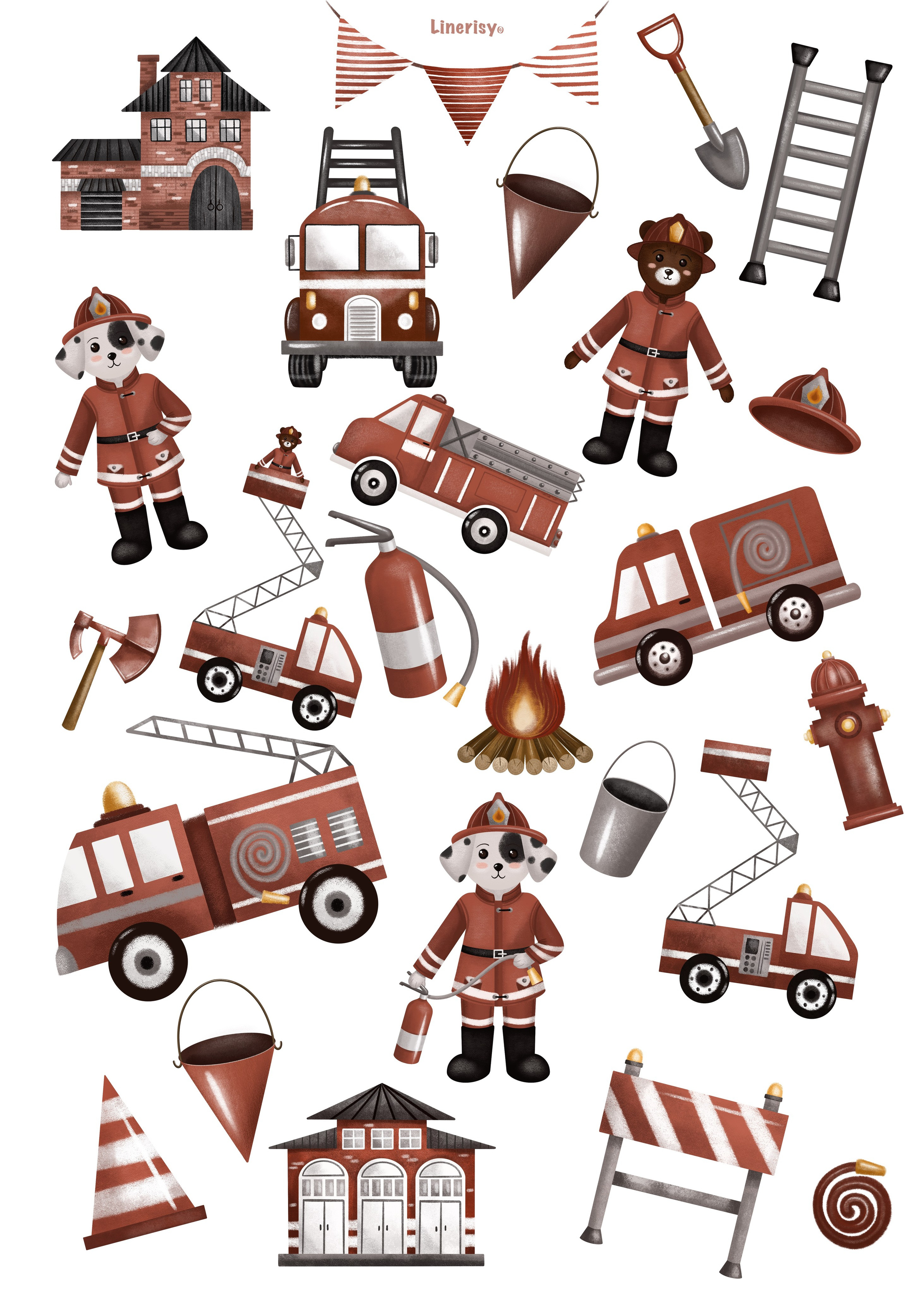 Коллекция «Пожарная станция» — графические иллюстрации, композиции и бесшовные паттерны. Художник-иллюстратор Евгения Бекренёва