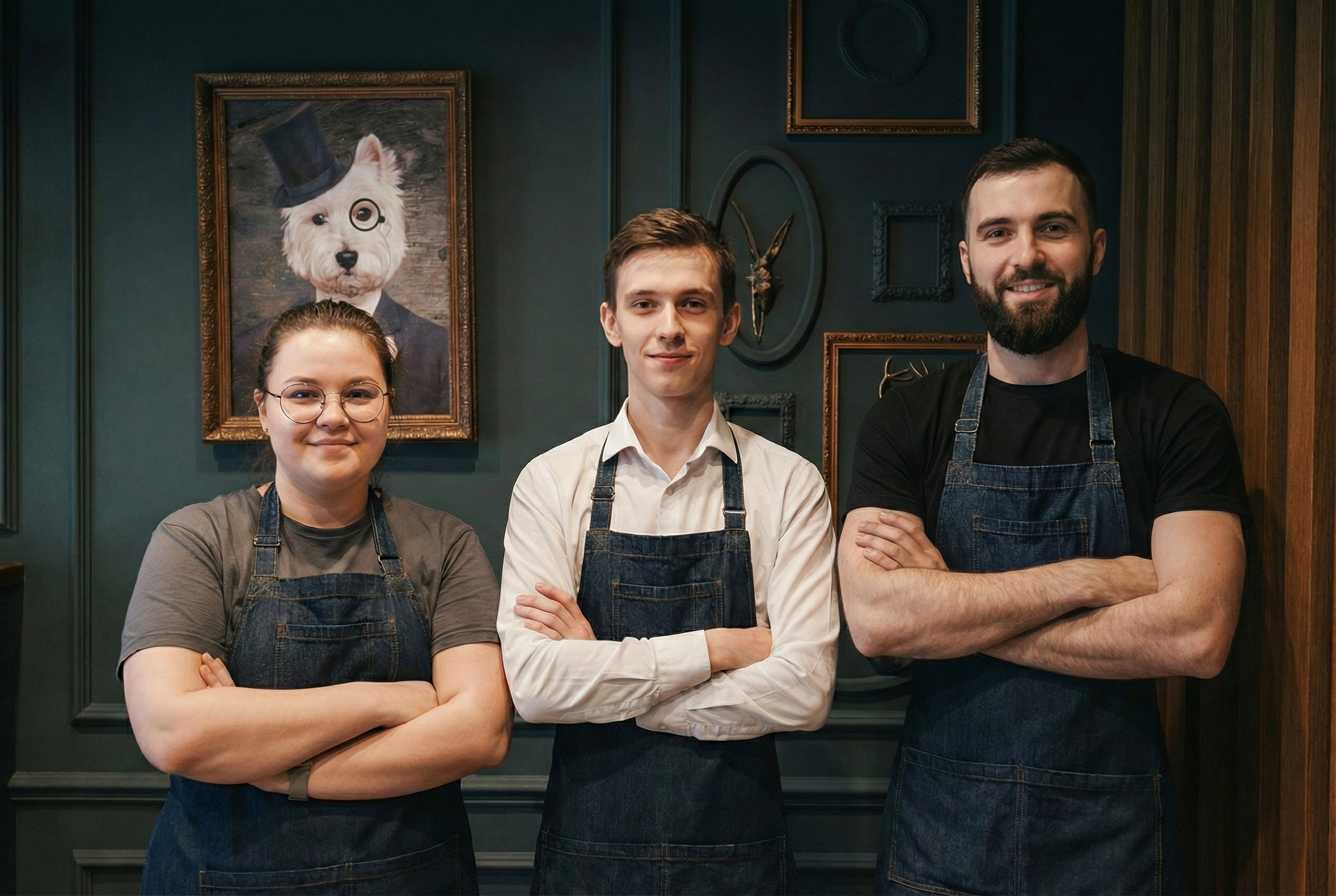 Команда сотрудников кафе: бариста, повар, официант.