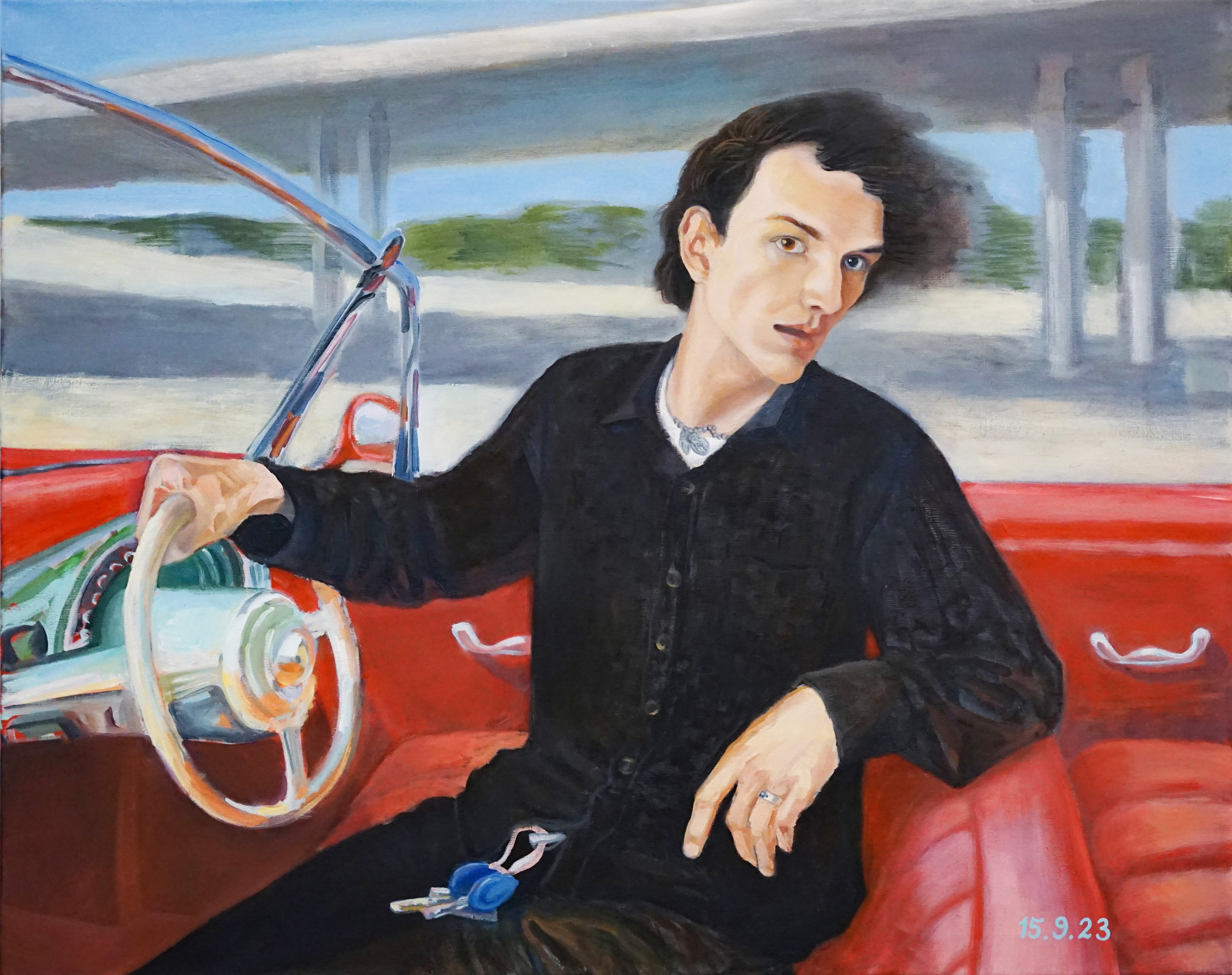 TELL ME I’M NOT HURRY? / Oil on canvas, 100 x 80 cm, 2023 / Tonight we slept together with Lesha and I had a dream about him! We were driving in an open-top car and he asked me: am I hurry? We were driving under an overpass or bridge in a city that looked like New York.