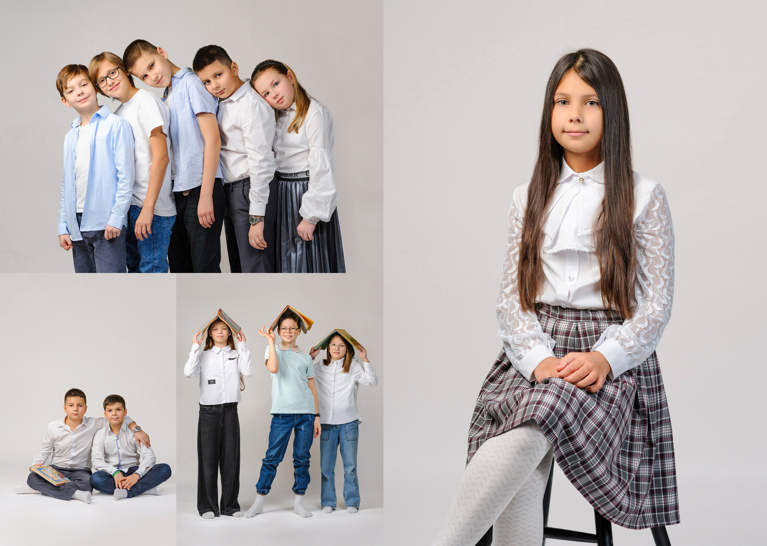 Стильный выпускной альбом для 4 класса на белом фоне. Фотосессия школьников на циклораме. Разворот альбома в минималистичном стиле.