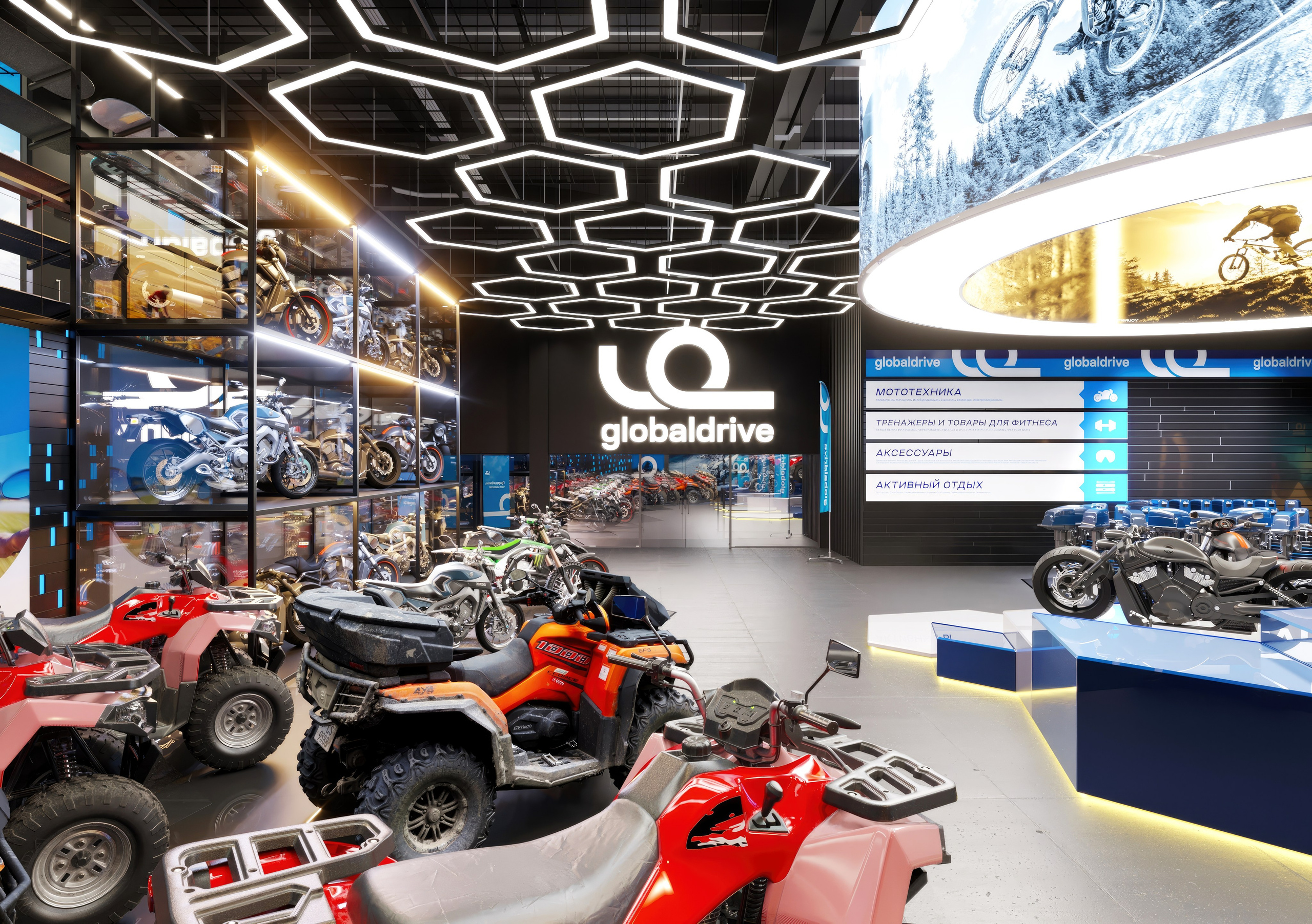 Motorbike Showroom Design Project — Bold and Modern Retail Space. 3D INTERIOR AND ARCHITECTURE VISUALIZATION