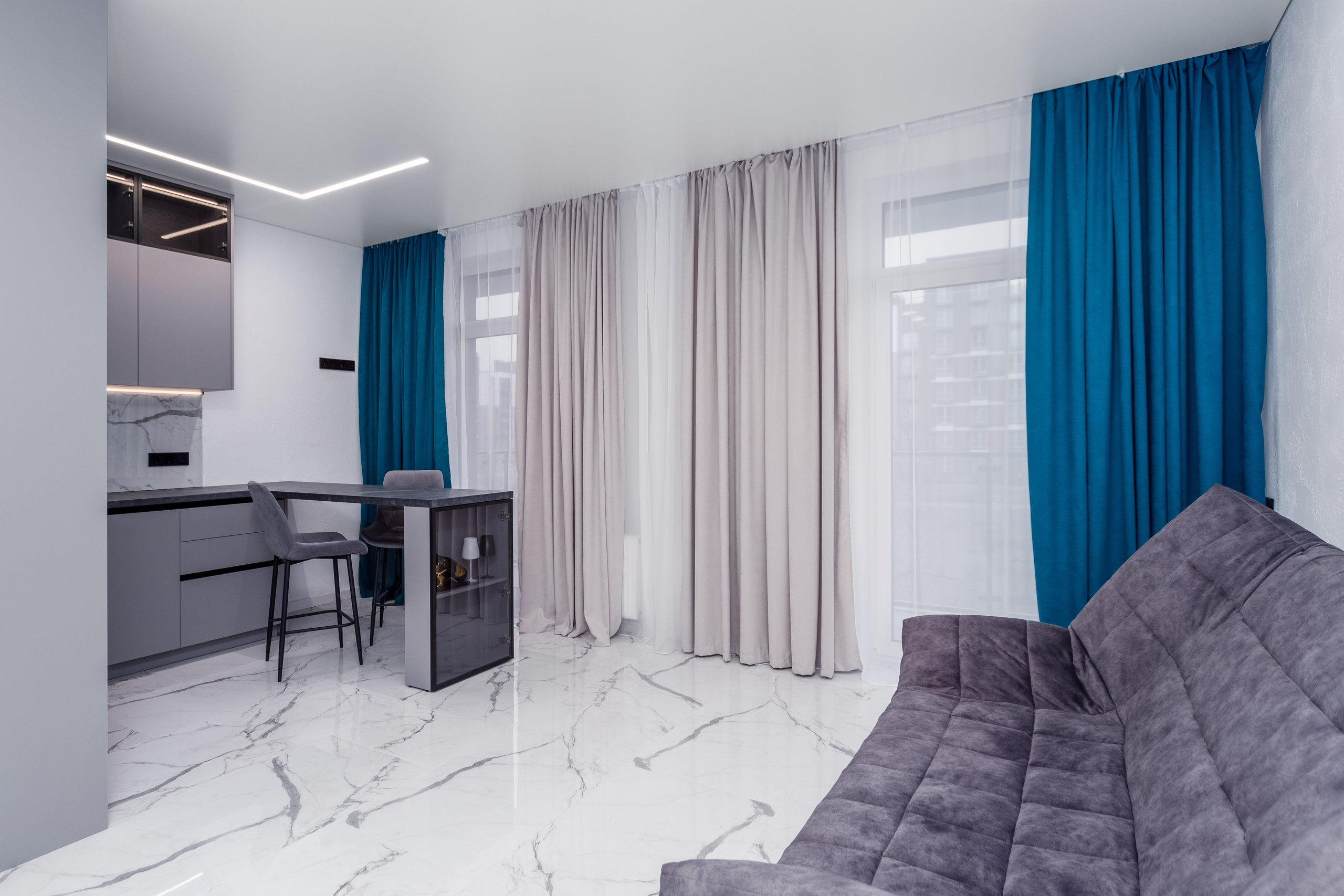 Вид на зону кухни в студии в ЖК новая Боровая