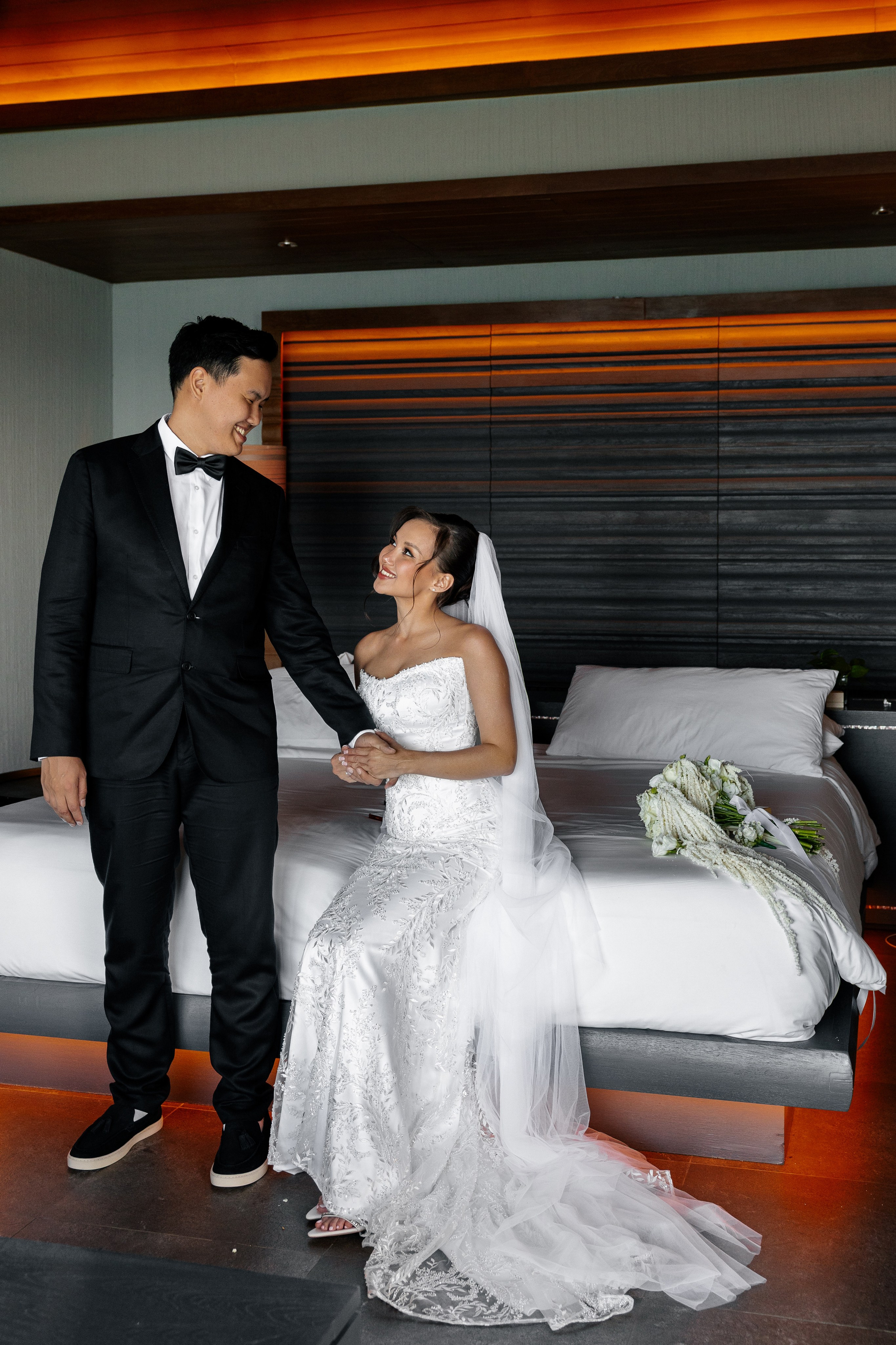 the bride and groom during a wedding photo shoot