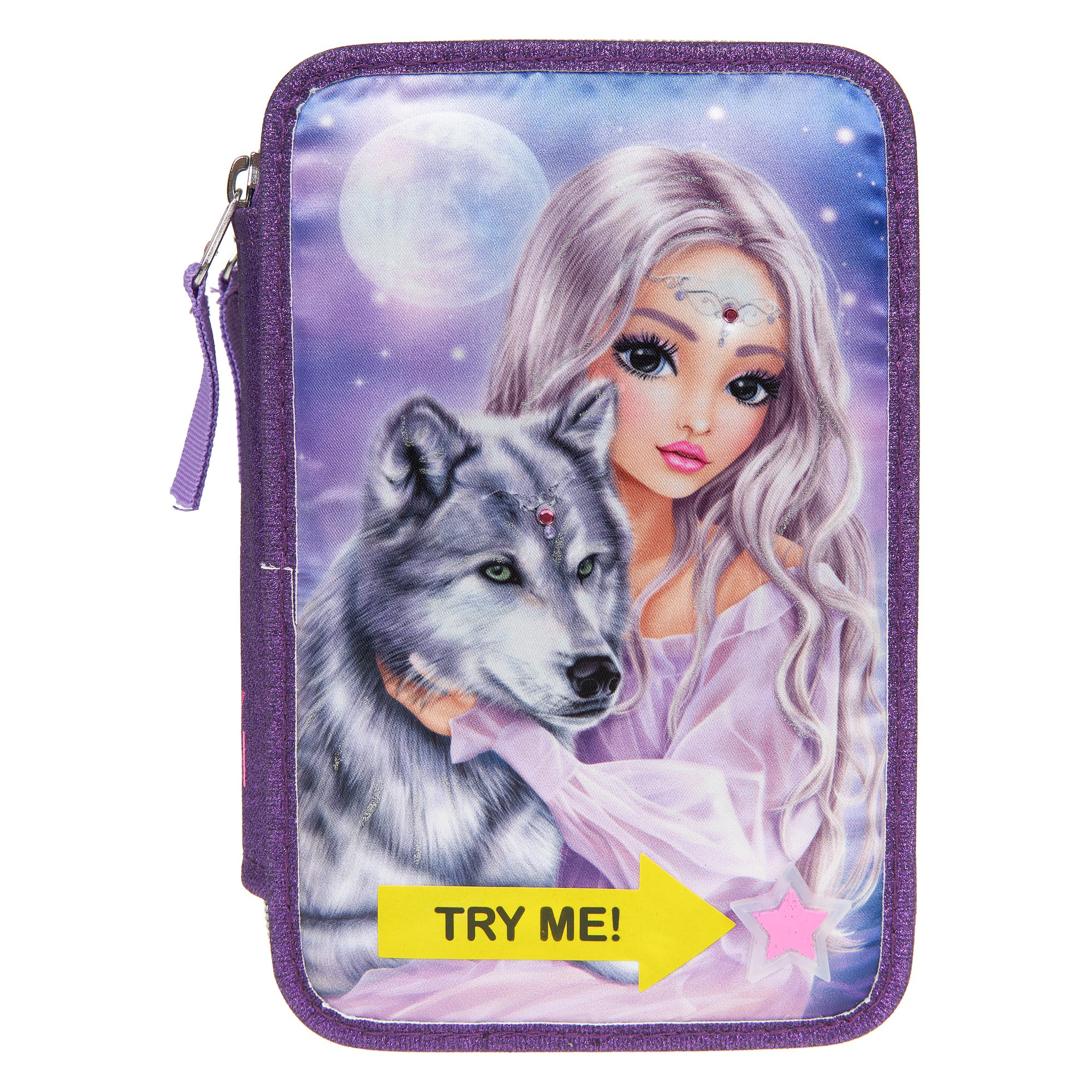 Пенал с подсветкой вид спереди, девушка и волк