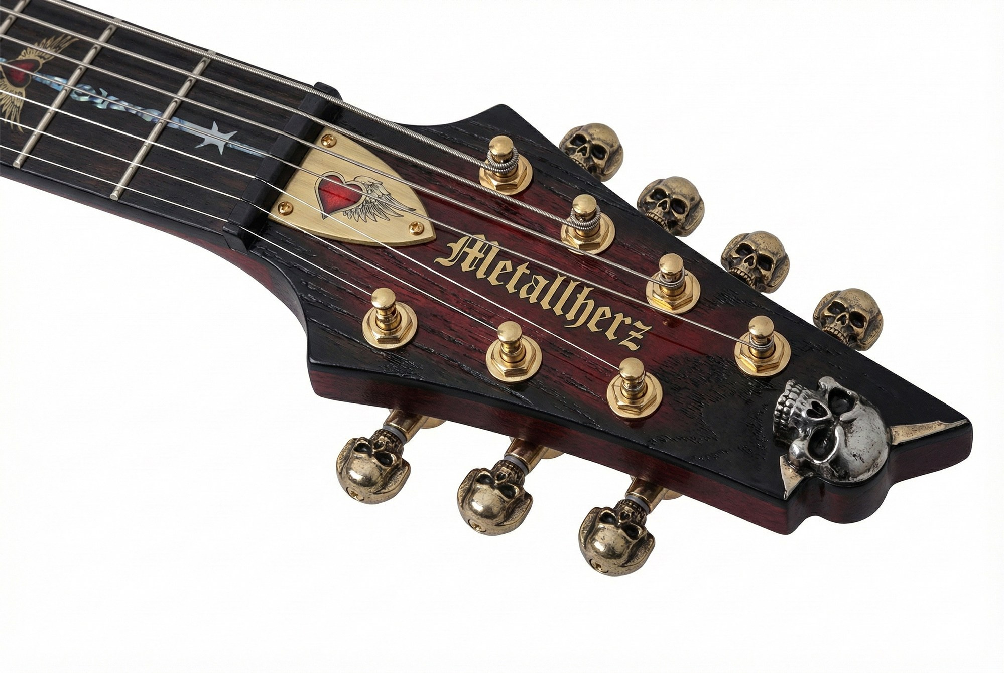 Головка грифа с колками в дизайне черепов кастомной гитары Heartforge Metallherz