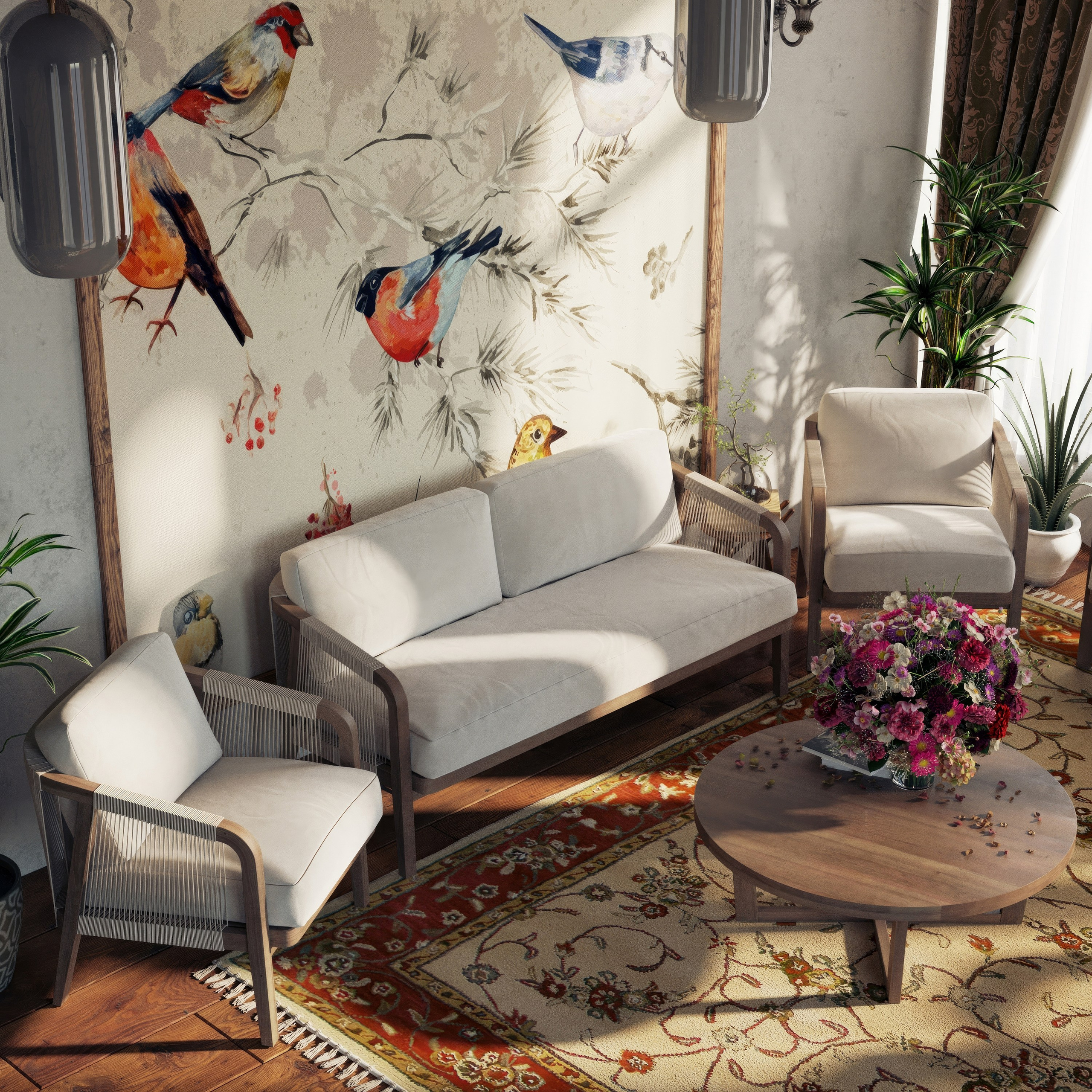 Элегантная гостиная с художественной панелью и мягкой атмосферой — акцент на природных мотивах и спокойной эстетике.