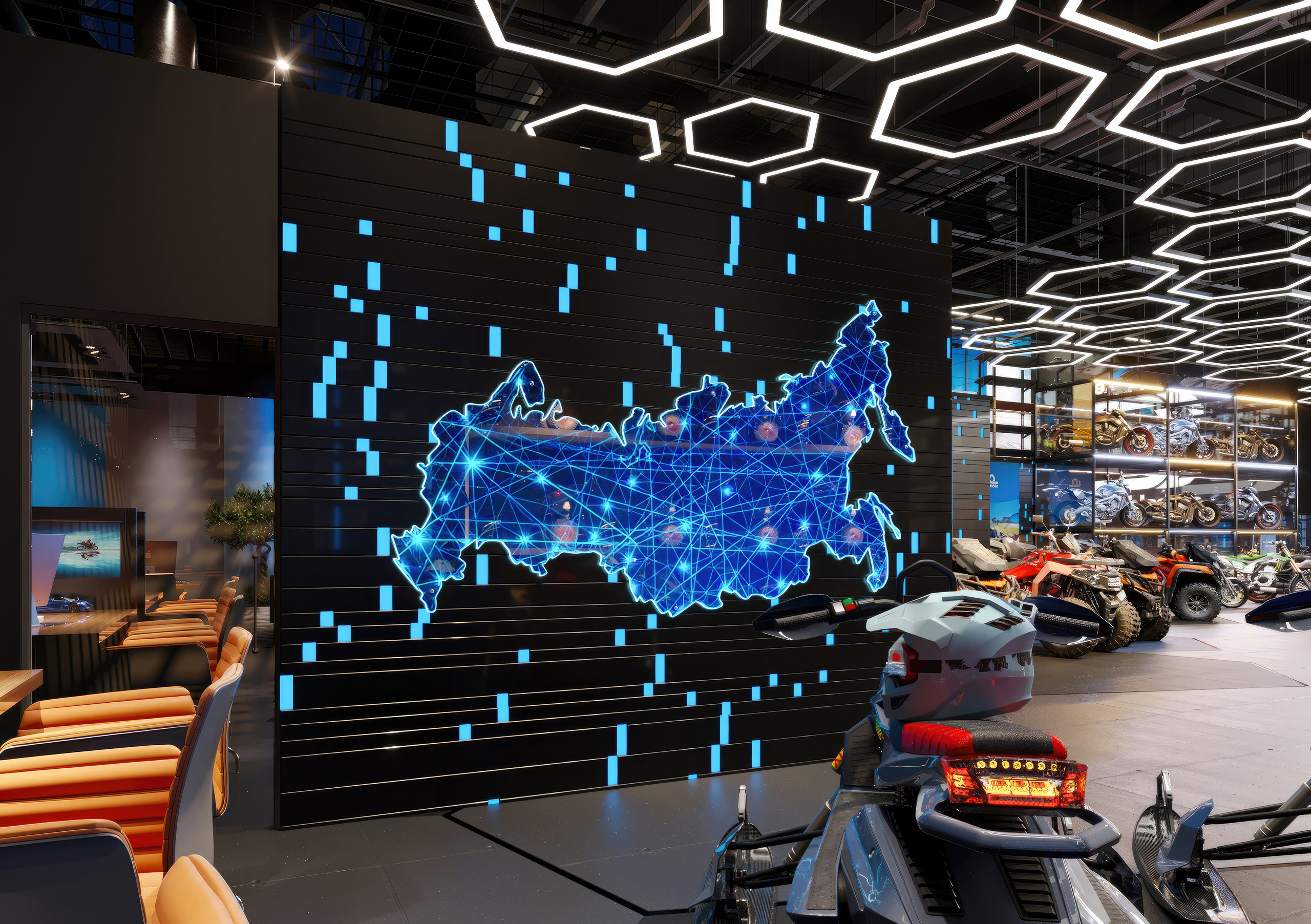 Motorbike Showroom Design Project — Bold and Modern Retail Space. 3D INTERIOR AND ARCHITECTURE VISUALIZATION