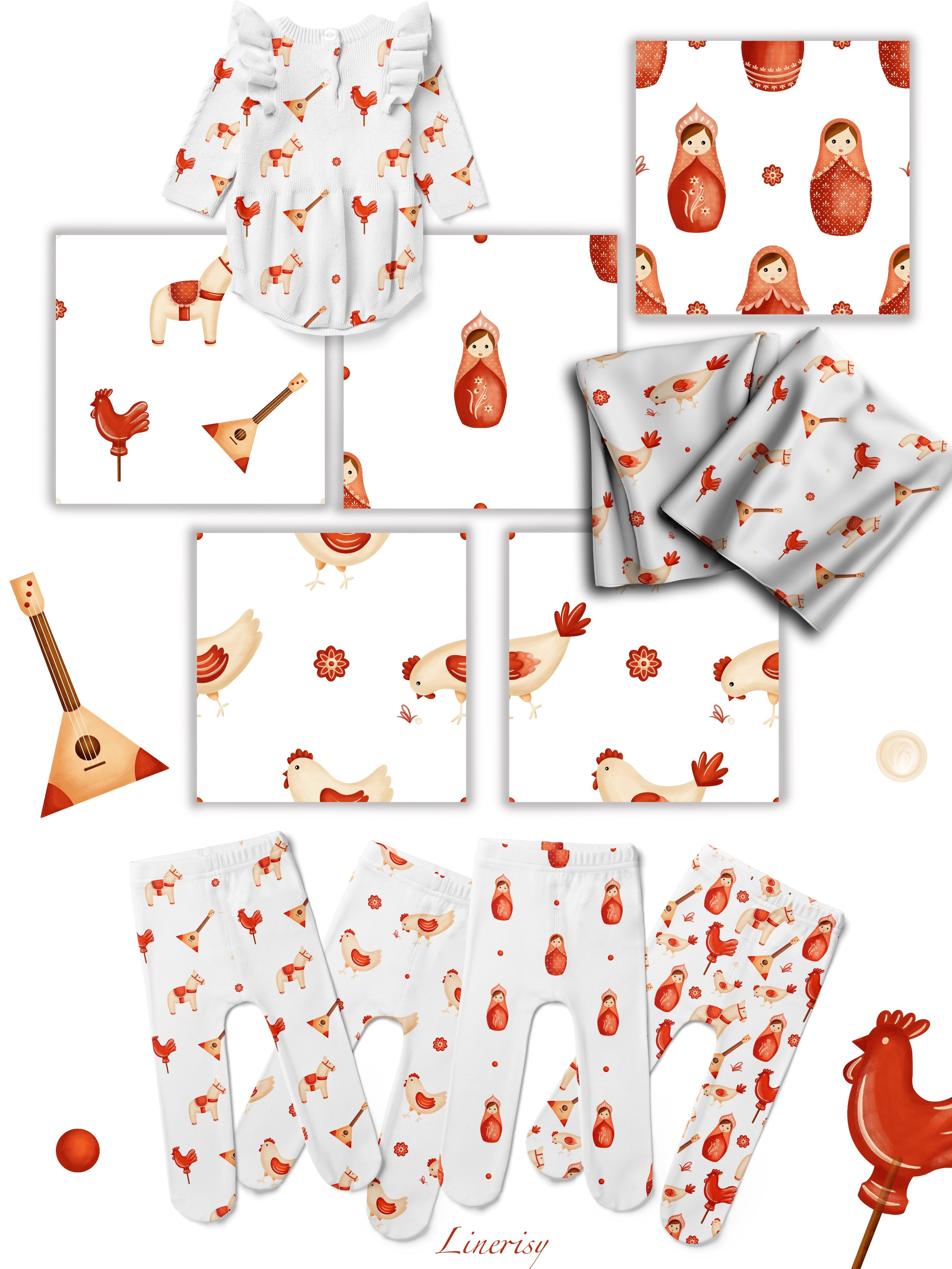 Коллекция «Матрёшки» — графические иллюстрации, композиции, бордюры, бесшовные паттерны и рамки. Художник-иллюстратор Евгения Бекренёва