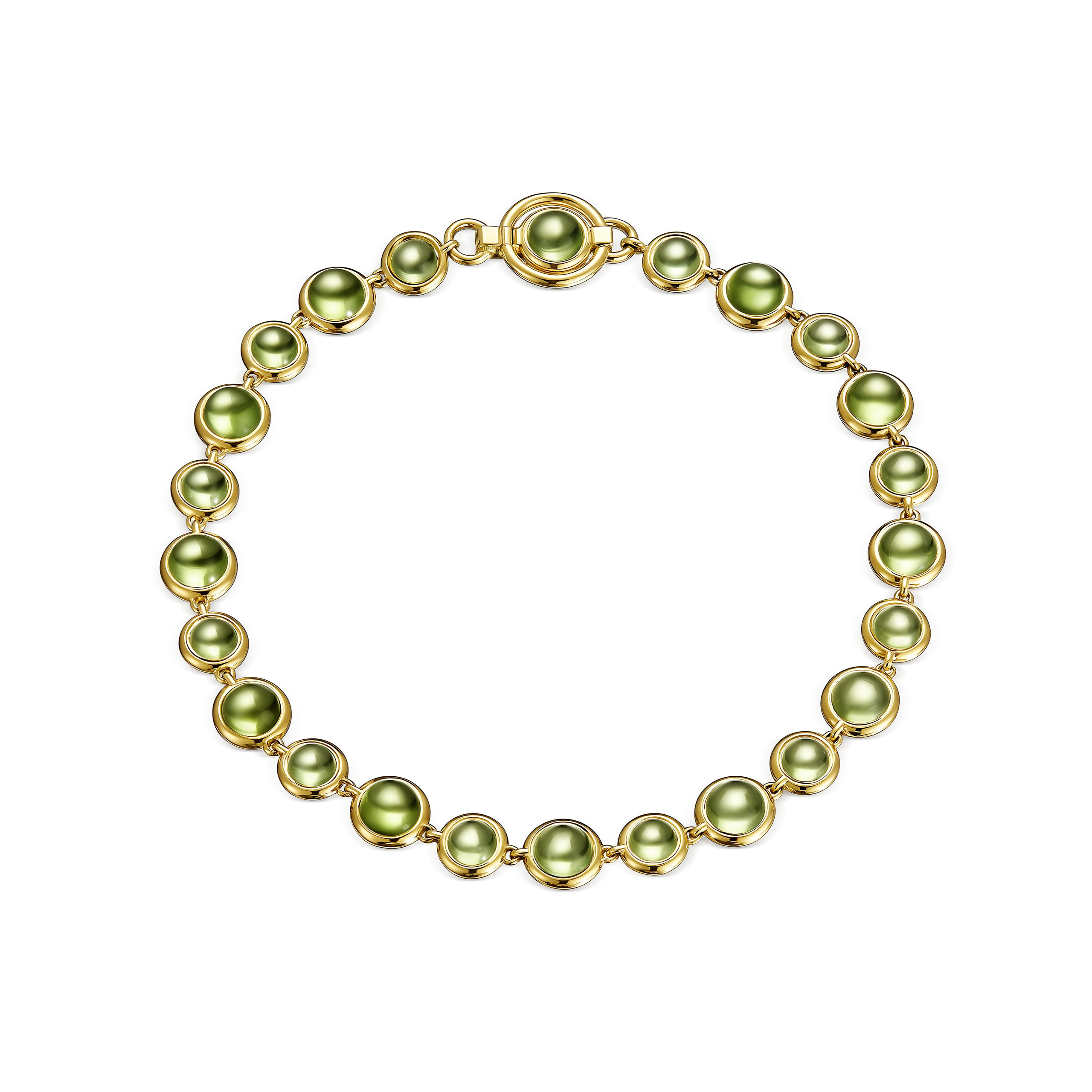 Браслет из жёлтого золота с зелёными жемчужинами, предметная съёмка украшений премиум-класса La Voie Nomade.