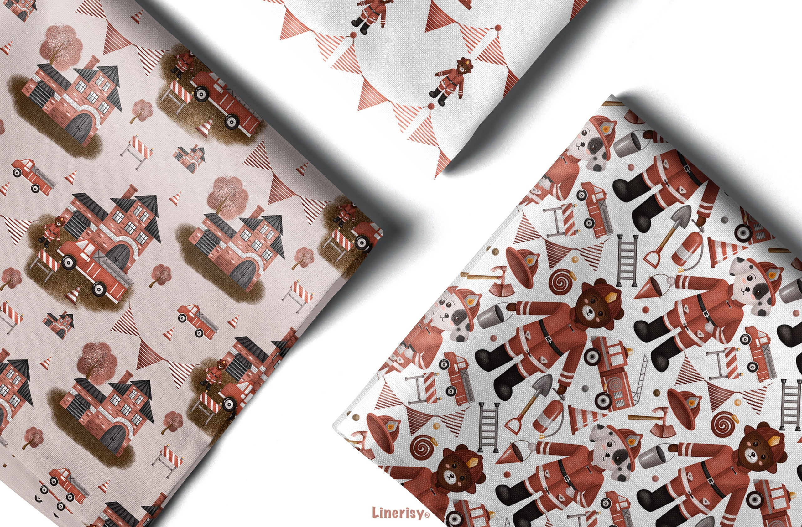 Набор бесшовных паттернов «Пожарная станция». Художник-иллюстратор Евгения Бекренёва