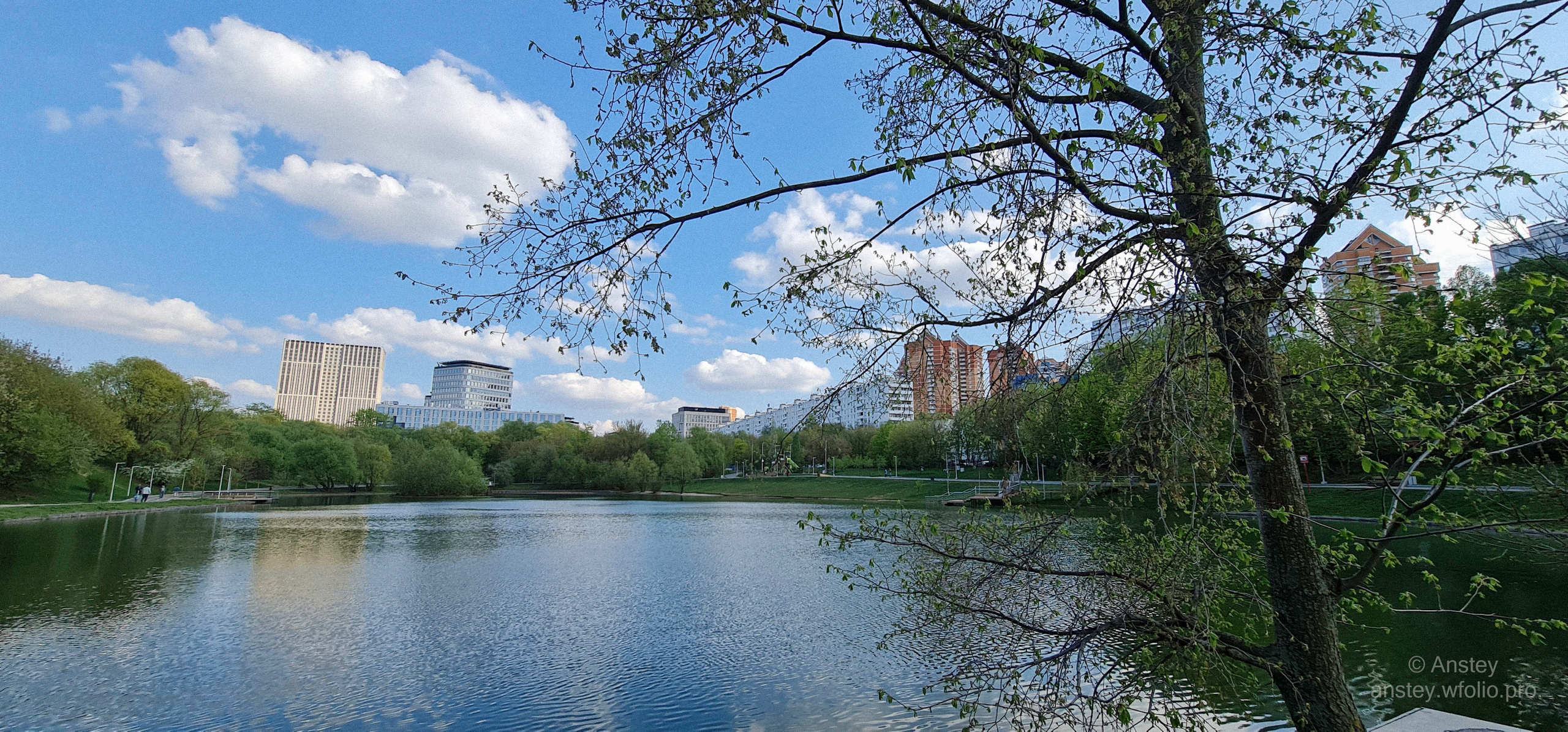Панорамный вид на пруд в московском парке весной