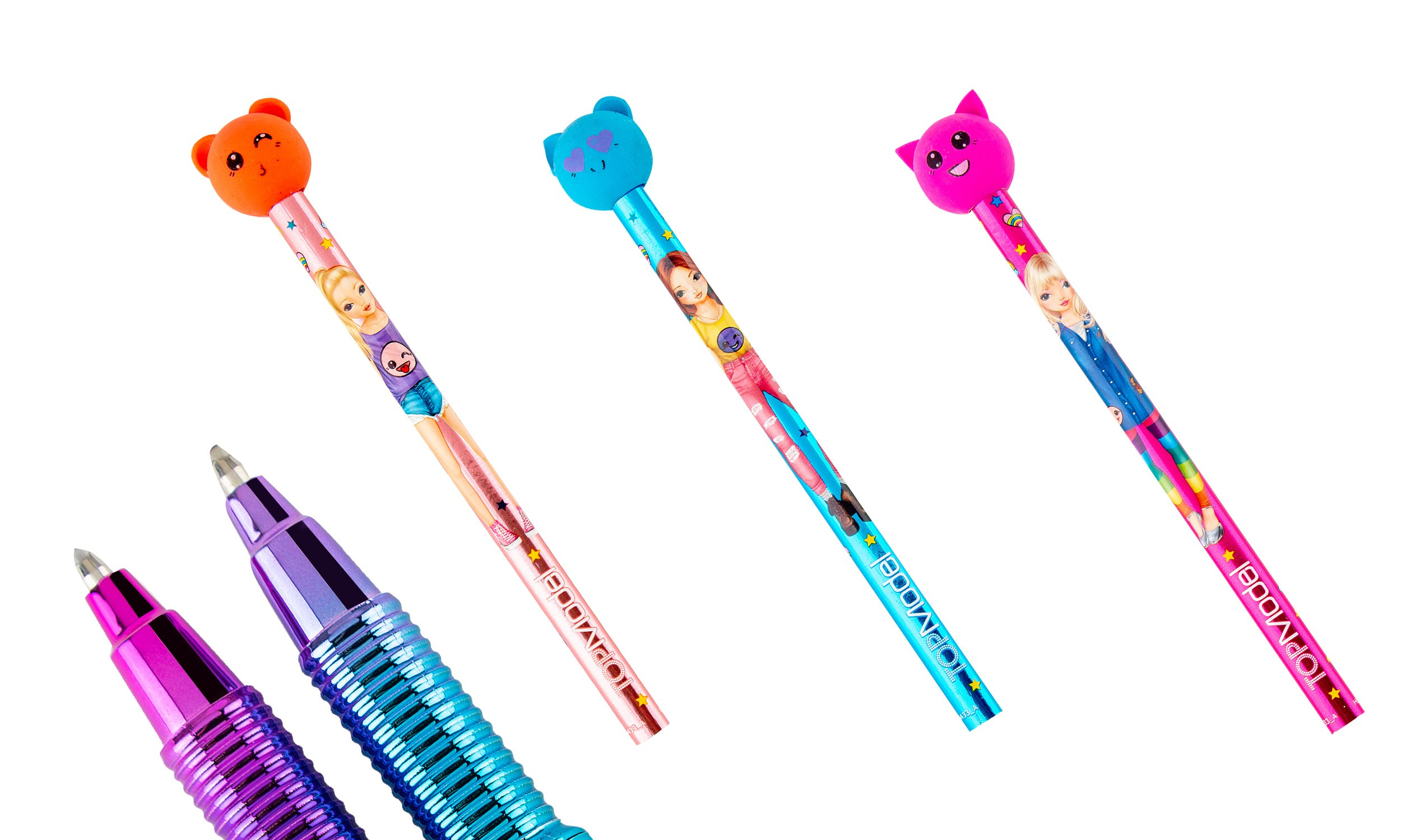 Ручка и карандаши с ластиками