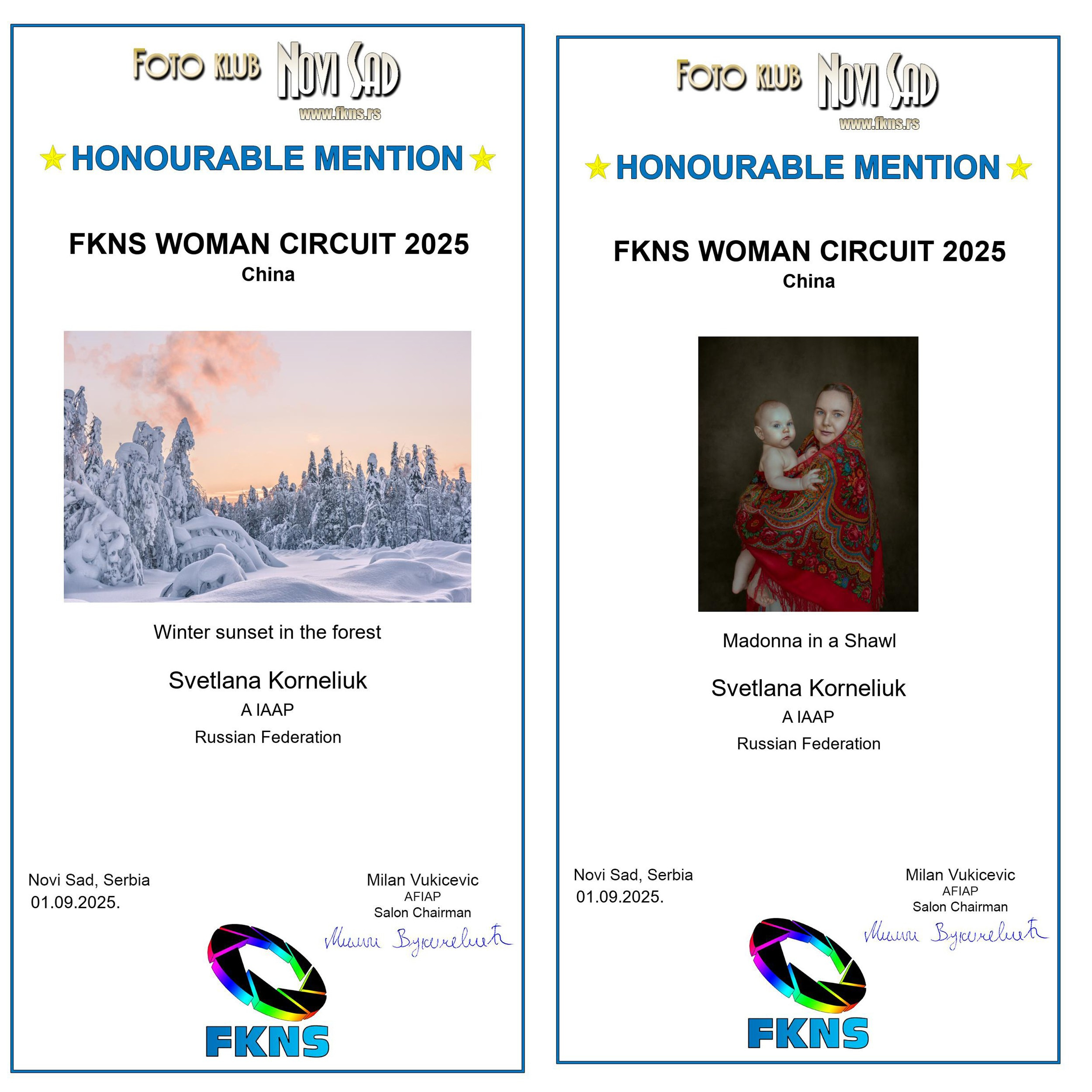 diplomas, medals, awards at international art photography competitions, photographer Svetlana Korneliuk