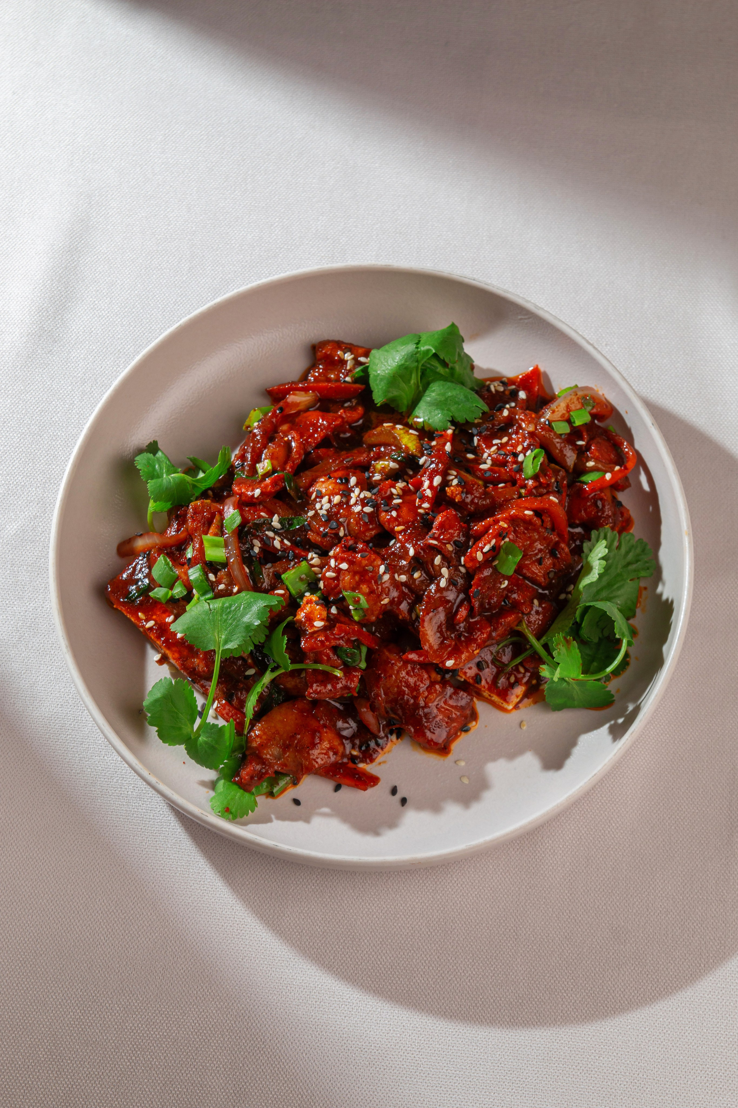 фуд фотография острые токпокки с соусом и зеленью ресторан SARANG Саратов Энгельс