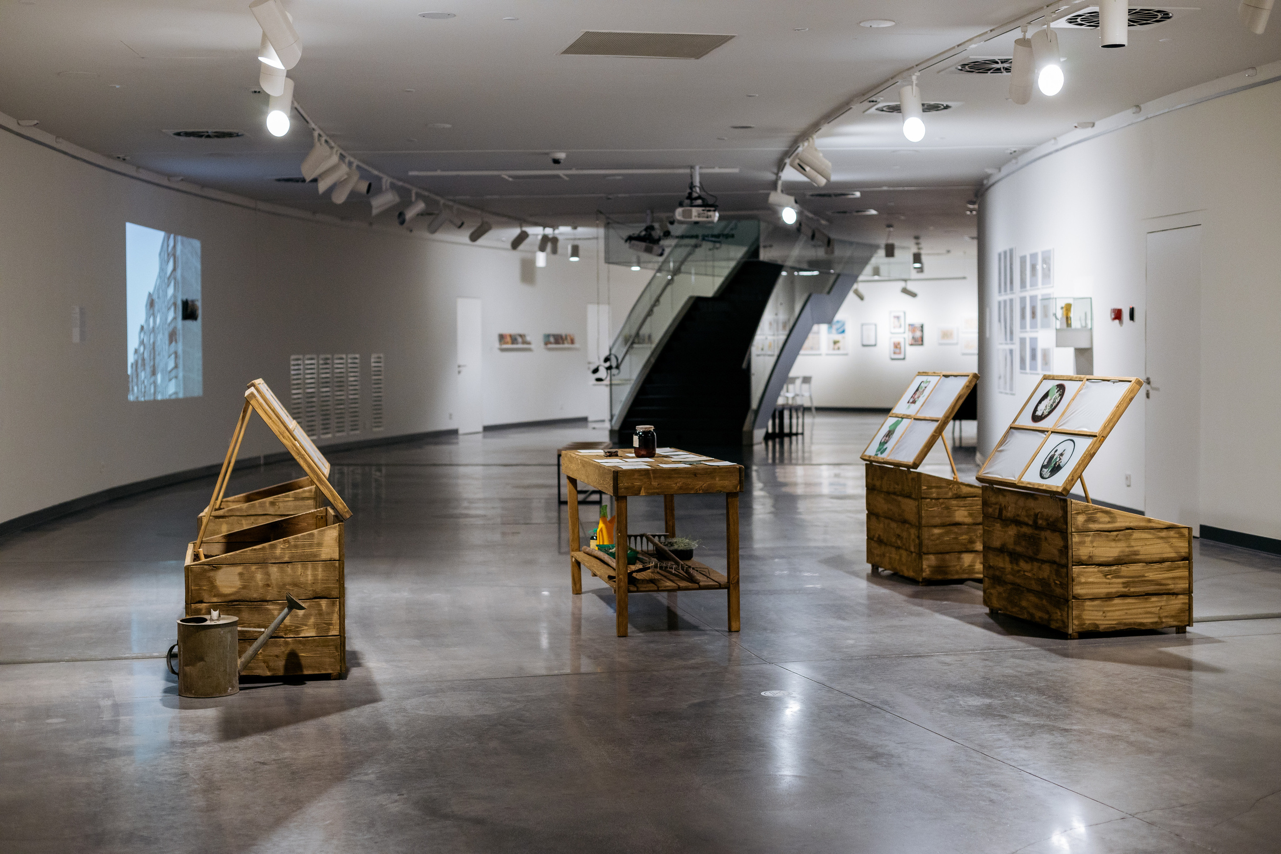 Installation: greenhouses, plants, video, UV-prints on glass, grandmother’s letters, jar of jam. Art Gallery, Yeltsin Center, Yekaterinburg, Russia, 2023. Photo: Lyubov Kabalinova