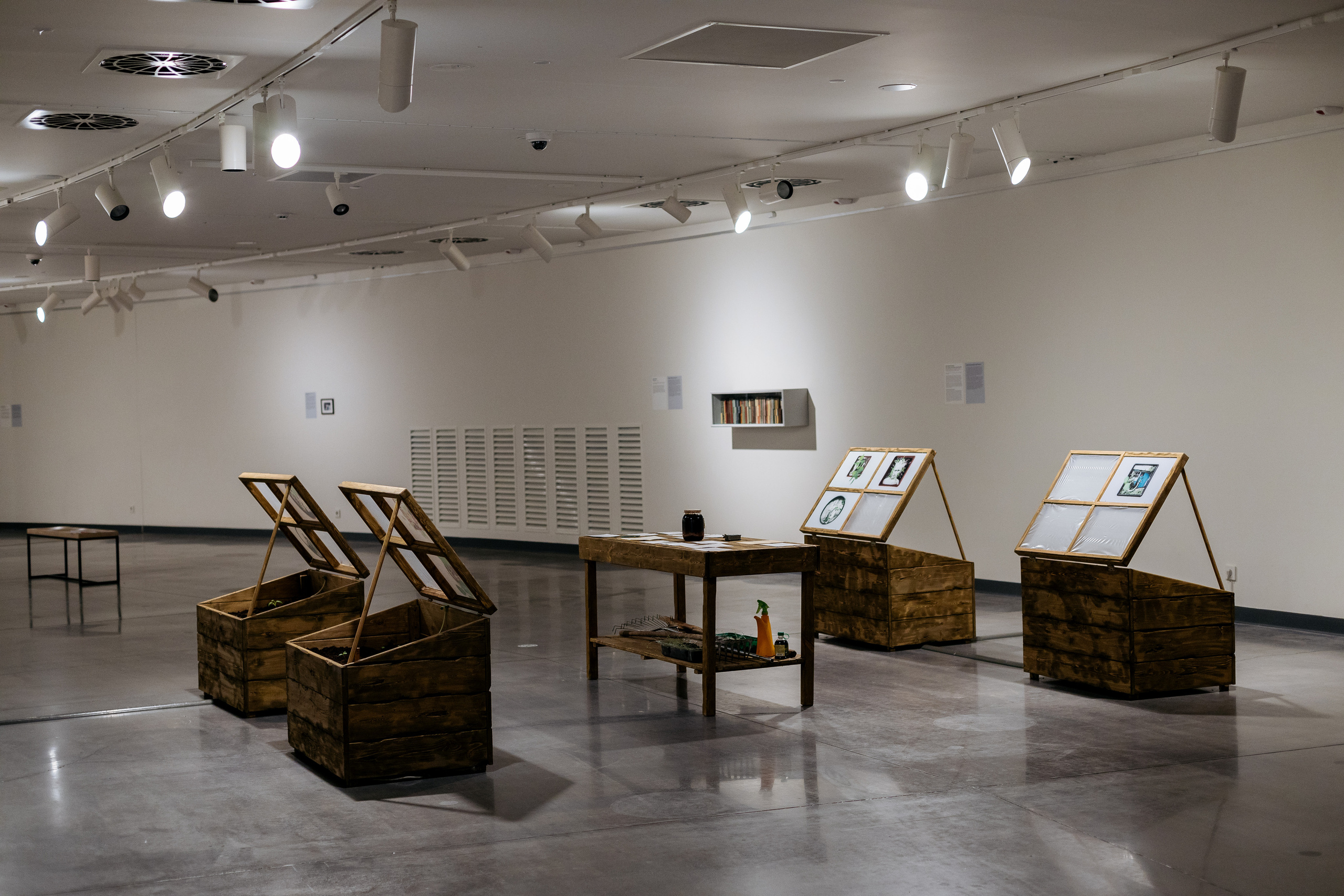 Installation: greenhouses, plants, video, UV-prints on glass, grandmother’s letters, jar of jam. Art Gallery, Yeltsin Center, Yekaterinburg, Russia, 2023. Photo: Lyubov Kabalinova