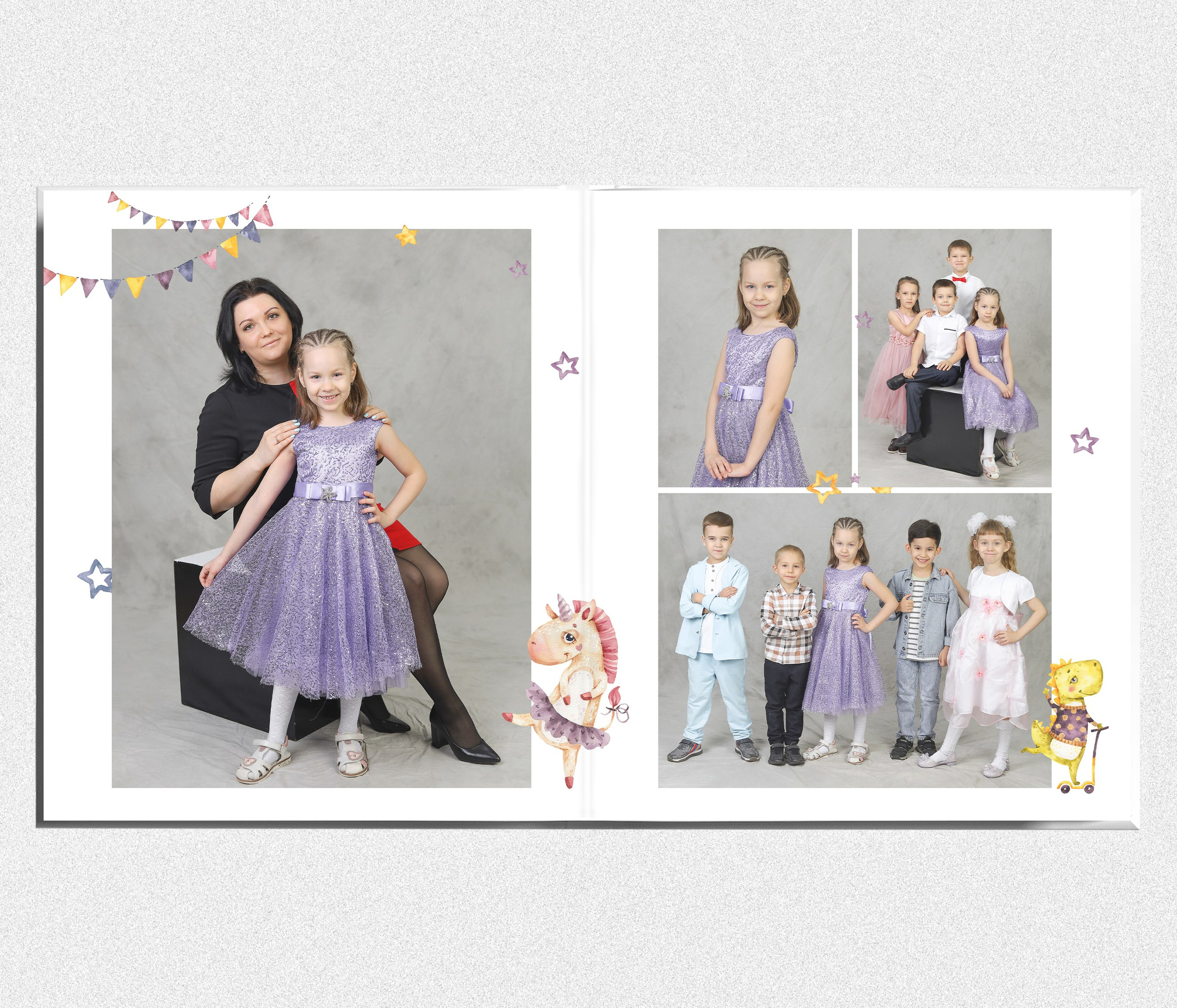 Книга выпускника из детского сада "Динозаврики и единорожки". Выпускные альбомы в Тюмени для школ, садов, вузов спортивных секций