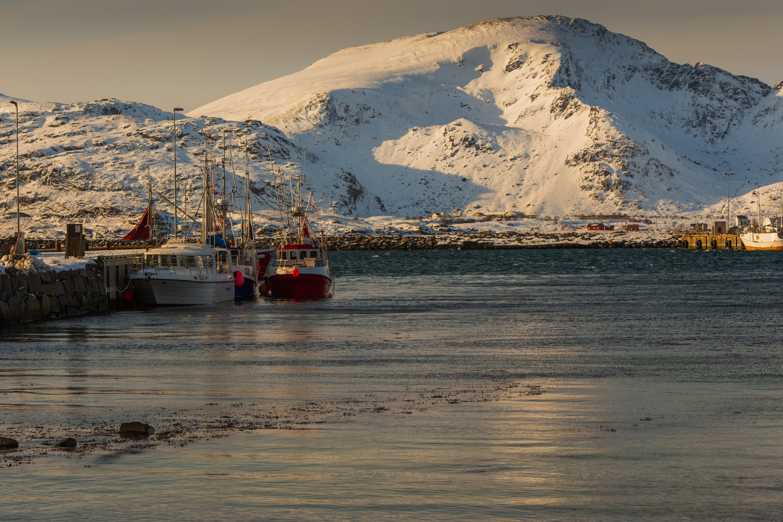 Рыболовецкие лодки пришвартованы у каменного пирса на фоне заснеженных гор на Лофотенских островах, Норвегия.
