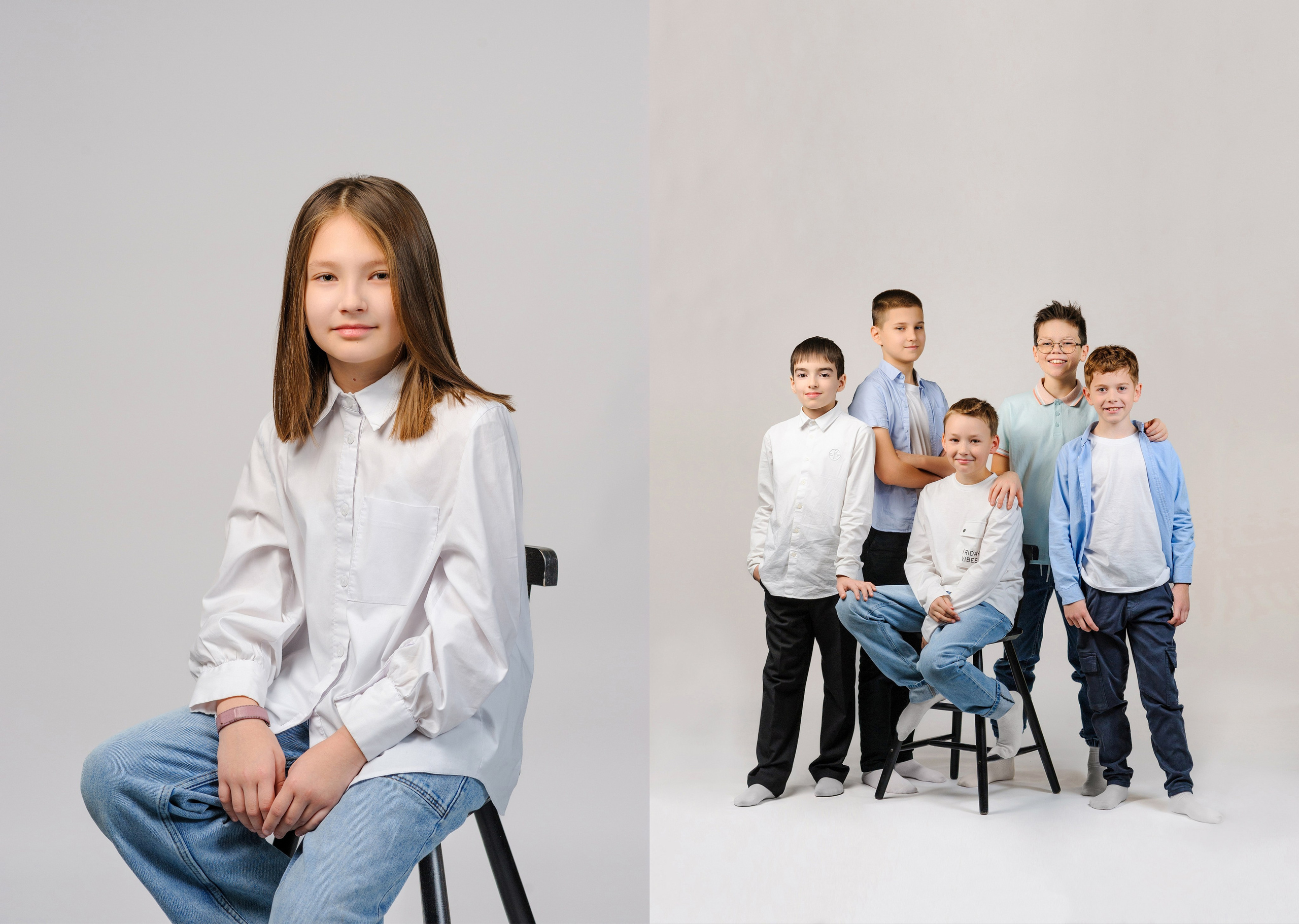 Фотосессия школьников на белом фоне. Джинсы и белые футболки. Альбом в минималистичном стиле.