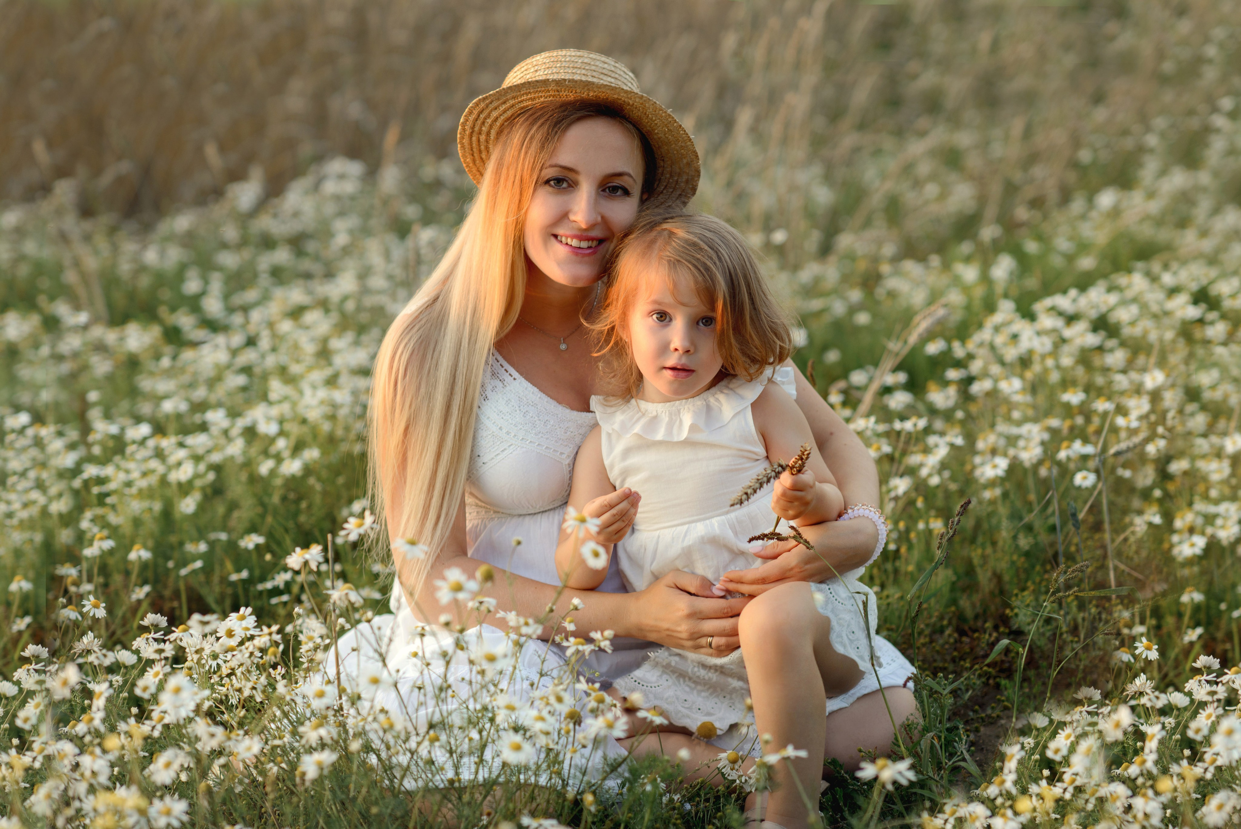 Mom and daughter, Photo shoot, Little girl and a pregnant woman in a wheat field at sunset