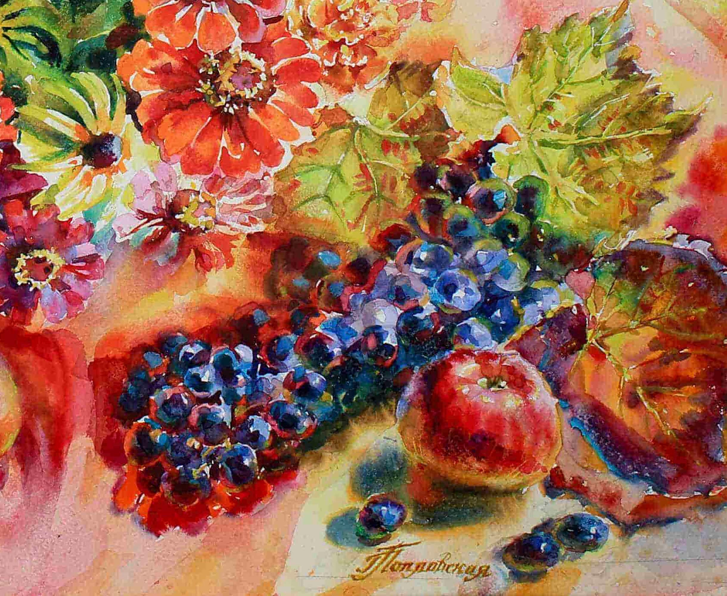 Акварель «Солнечные циннии» художника Галины Поплавской. Свет акварели Галины Поплавской