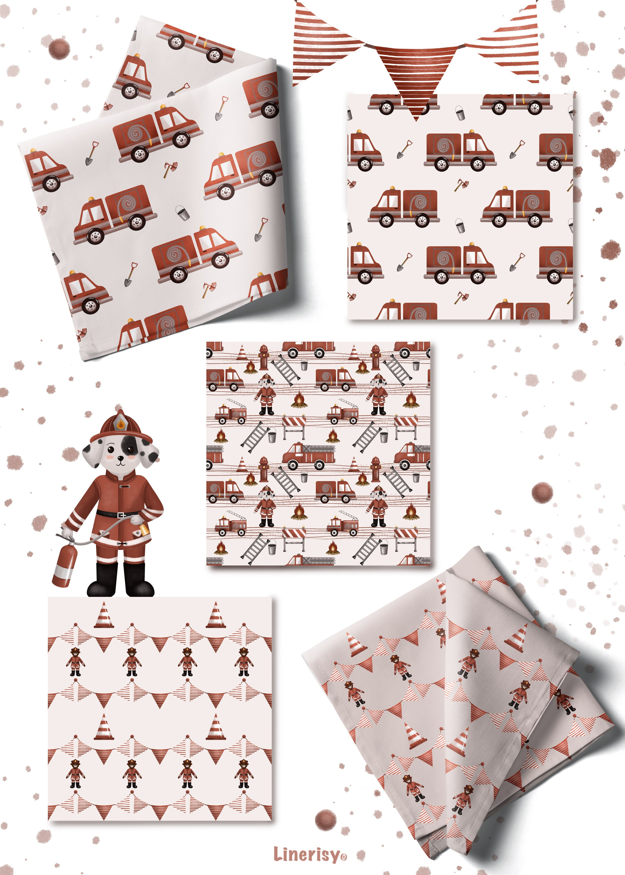 Коллекция «Пожарная станция» — графические иллюстрации, композиции и бесшовные паттерны. Художник-иллюстратор Евгения Бекренёва