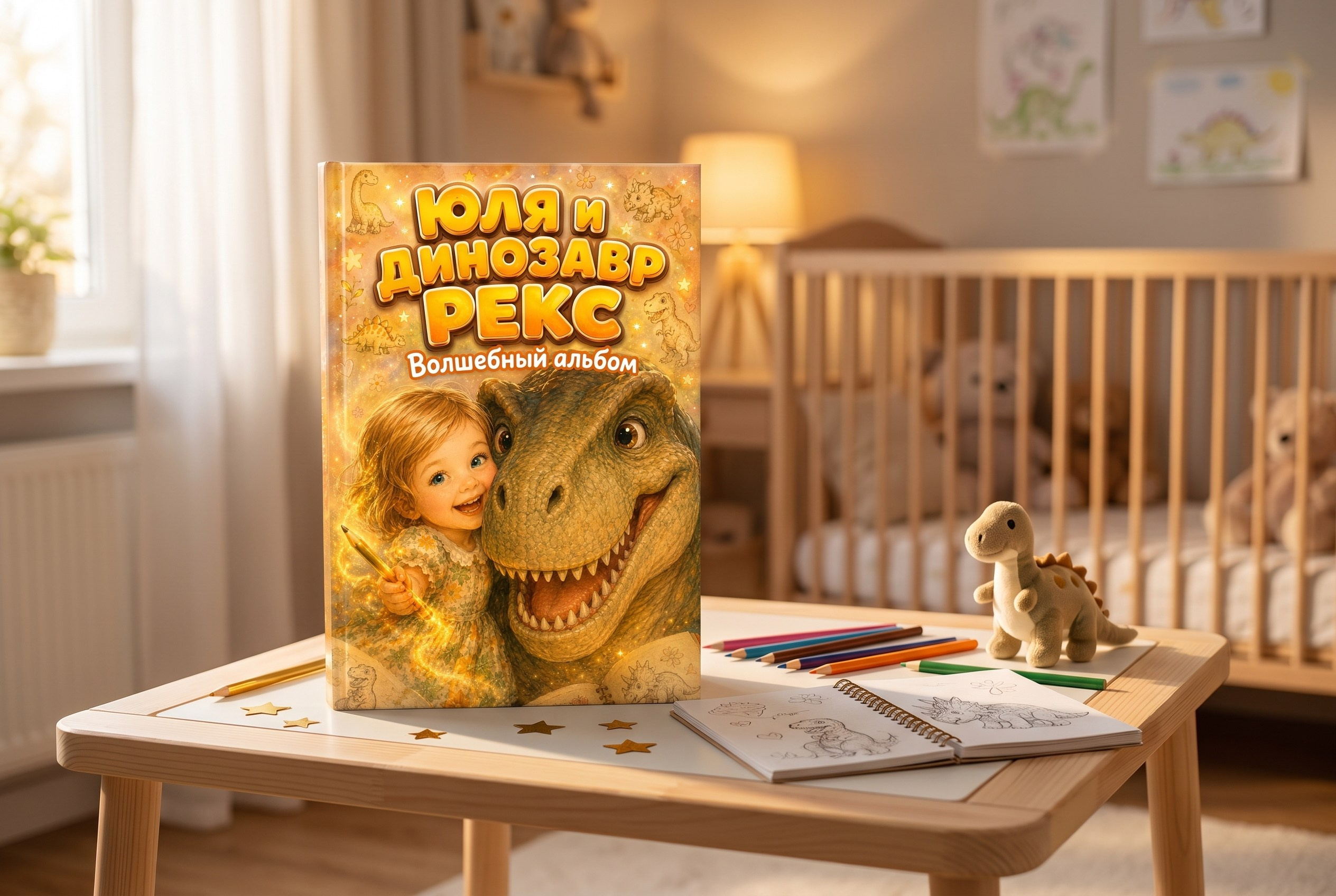 Детская книга о динозавре на деревянном столе
