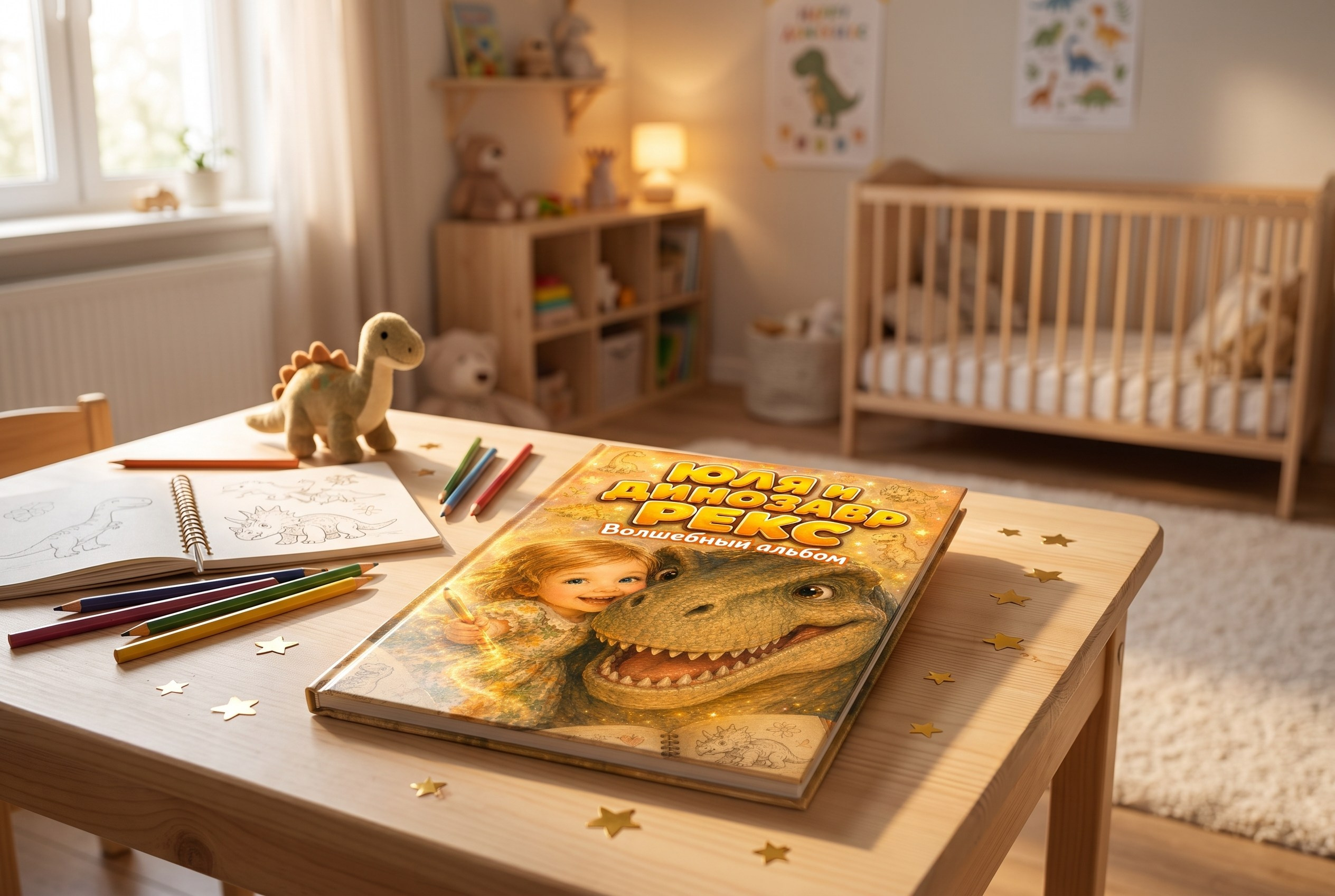 Открытая детская книга на столе в тёплом интерьере