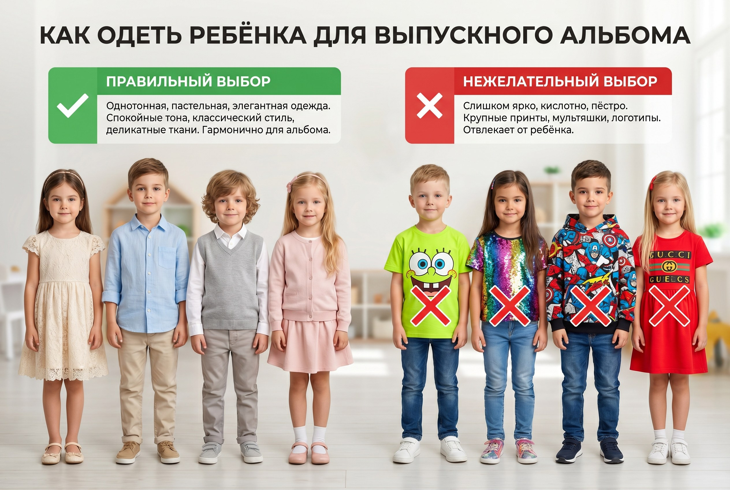 Сравнение спокойной и яркой одежды детей для фотосъёмки