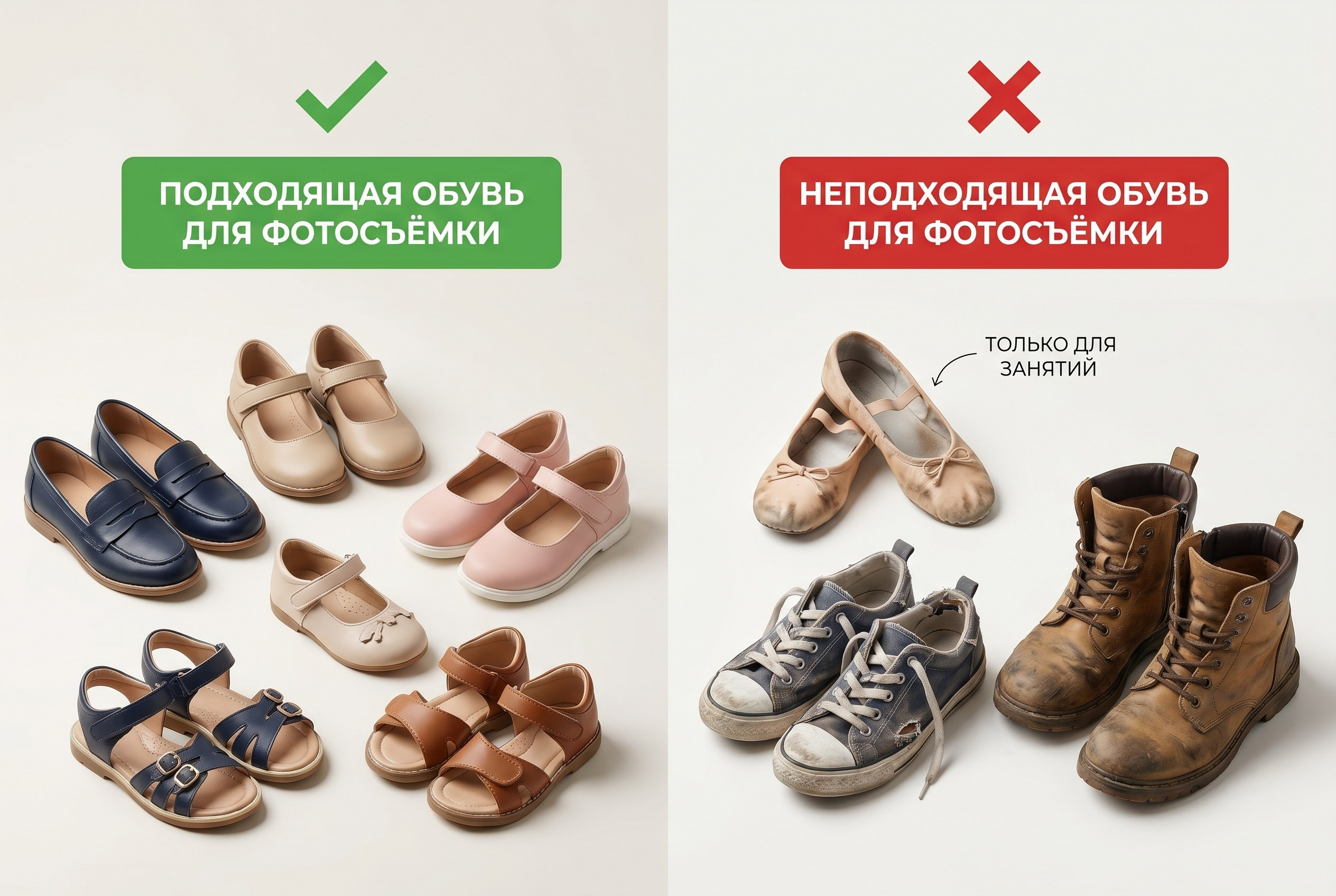 Сравнение обуви для фотосессии с зелёной и красной отметками
