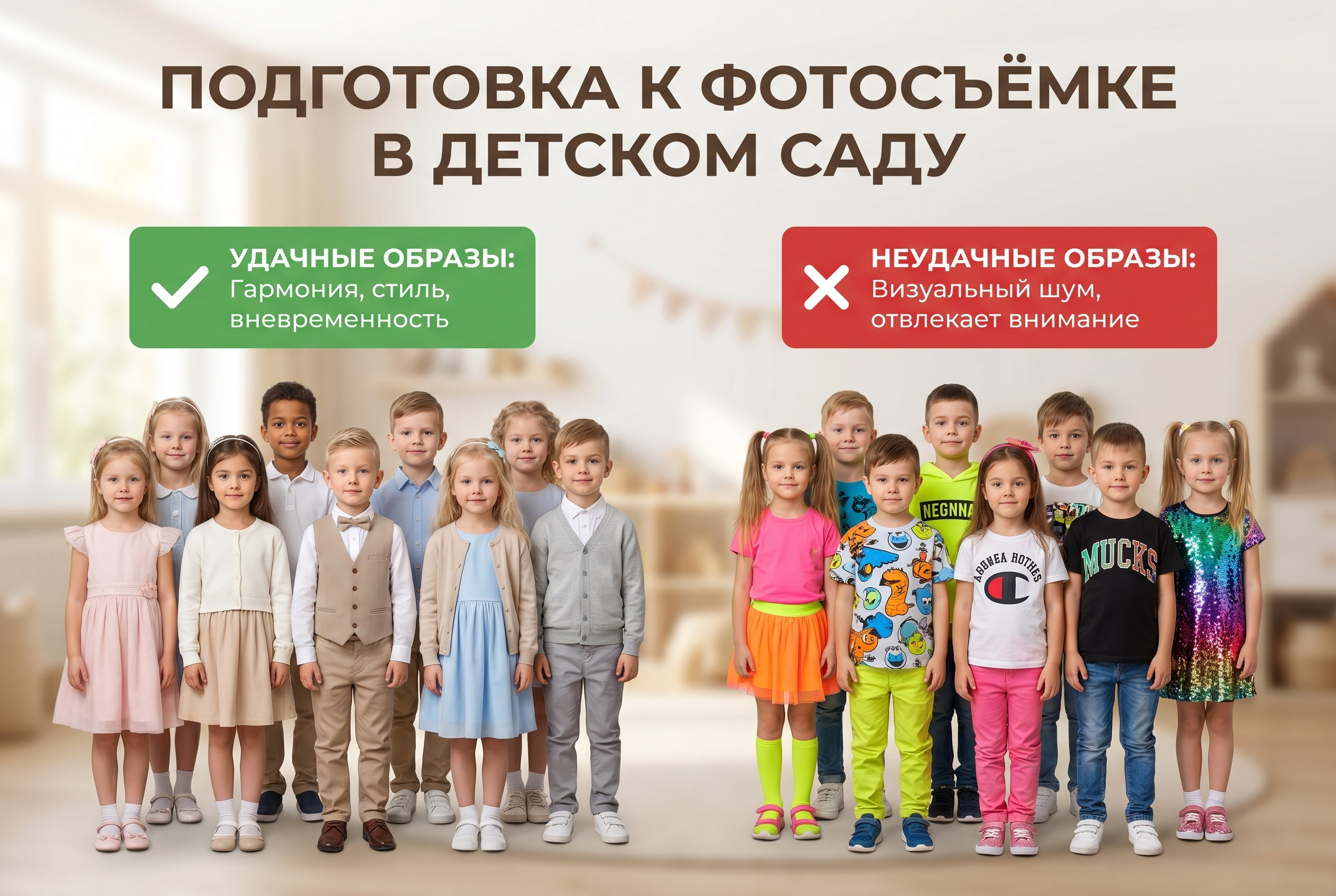 Памятка о подготовке к фотосъёмке в детском саду с примерами одежды