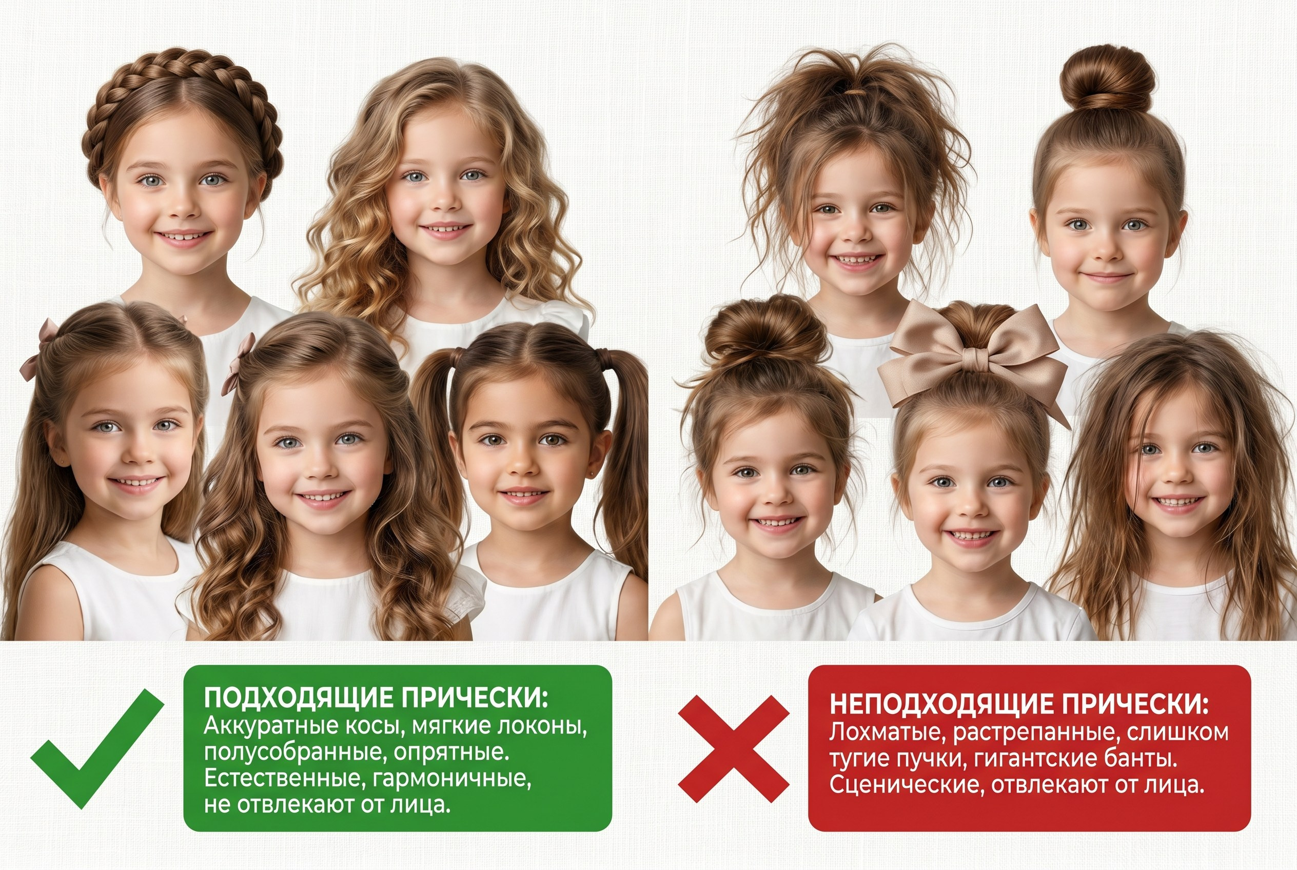 Сравнение вариантов причёсок девочек перед школьной съёмкой