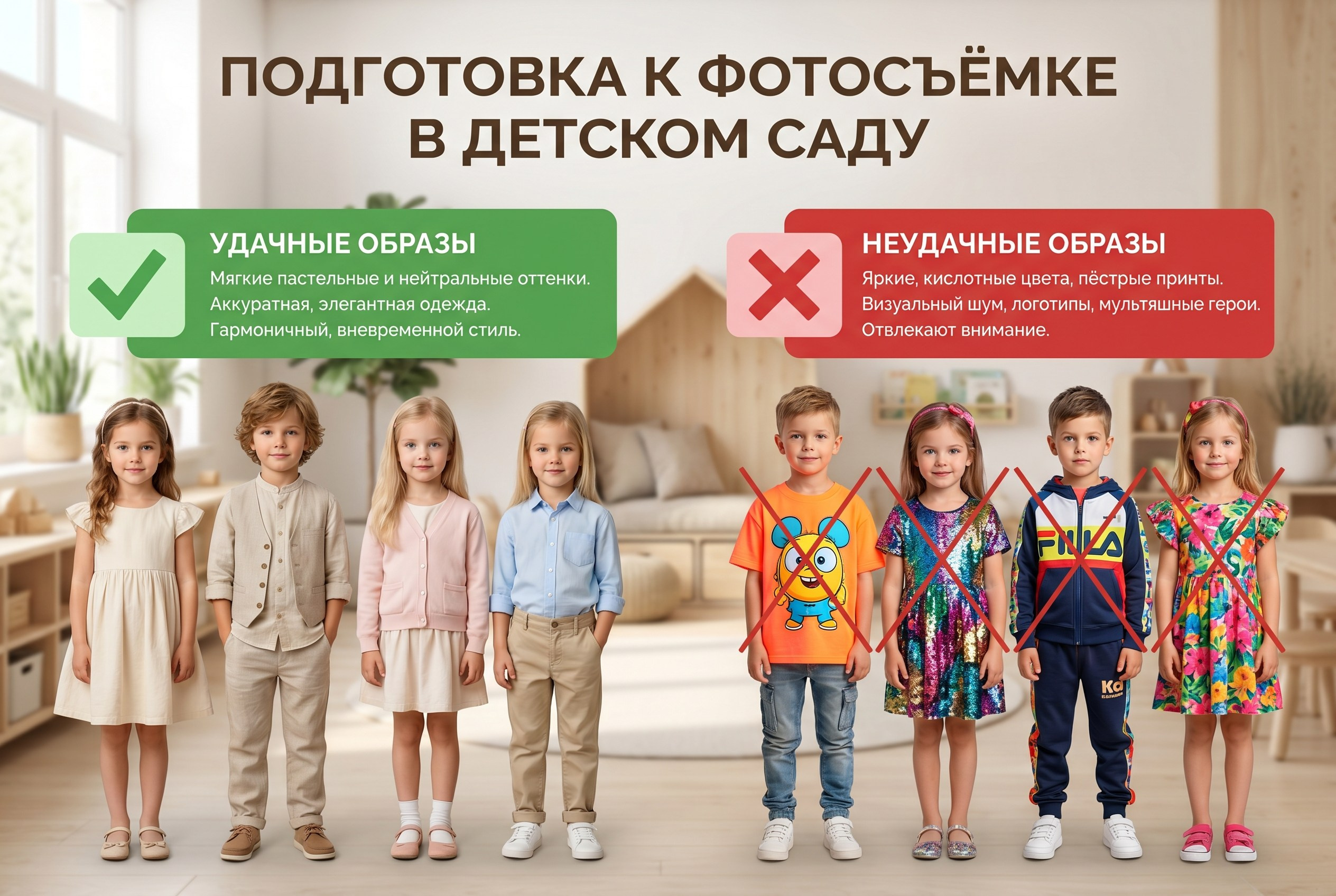 Групповой пример одежды детей для фотосессии в детском саду