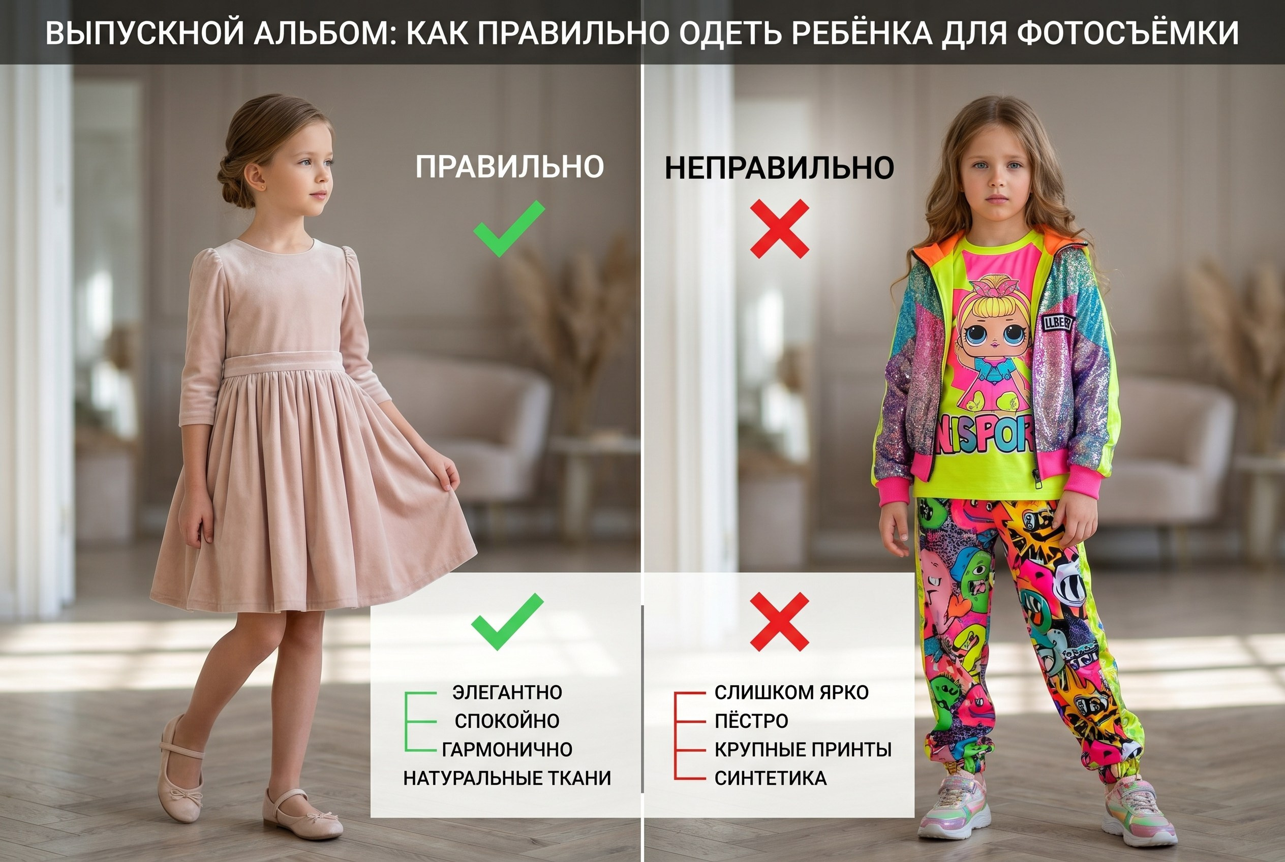 Девочка в спокойном и ярком платье: сравнение одежды для фотосессии