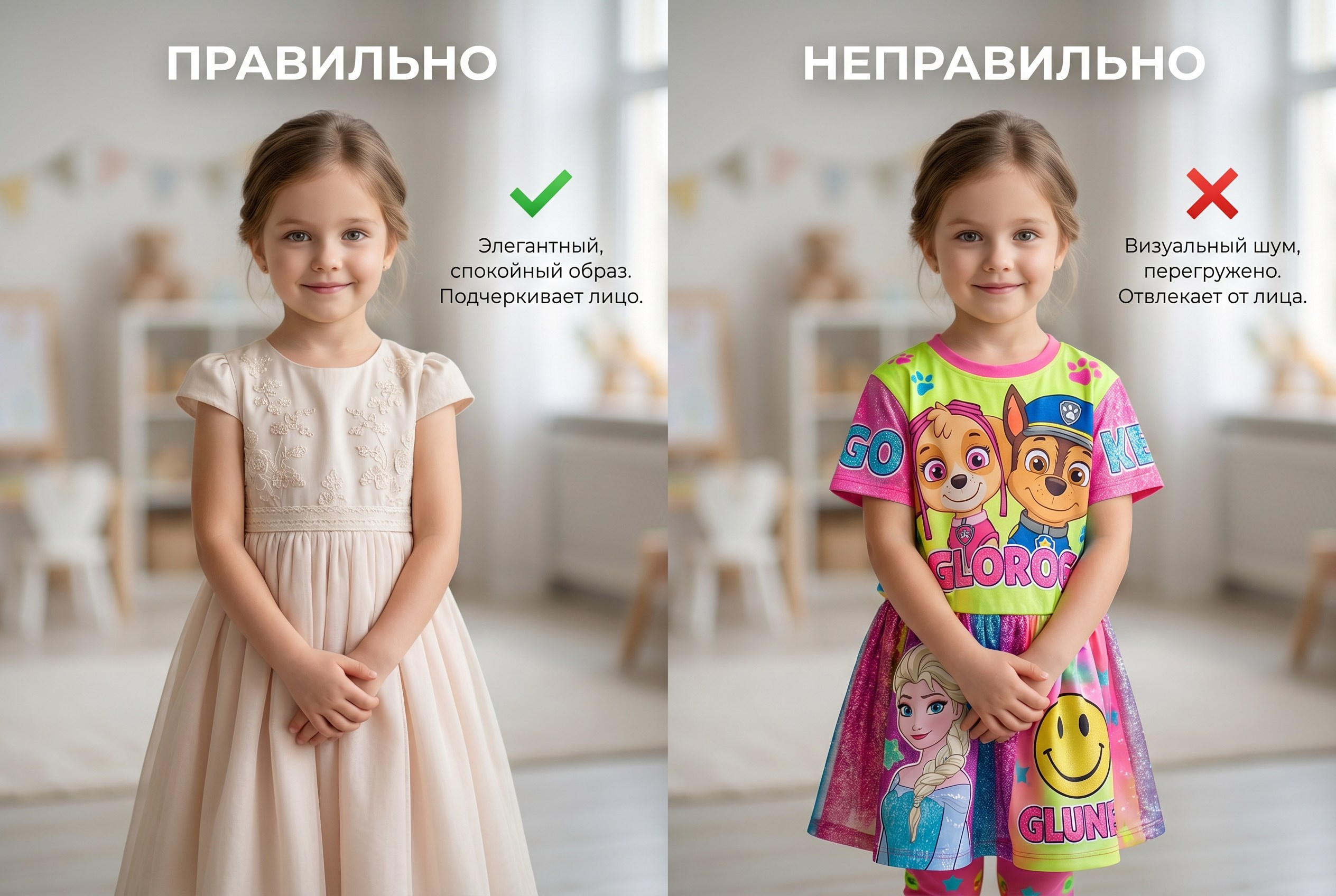 Сравнение однотонного и пёстрого платья для детской съёмки