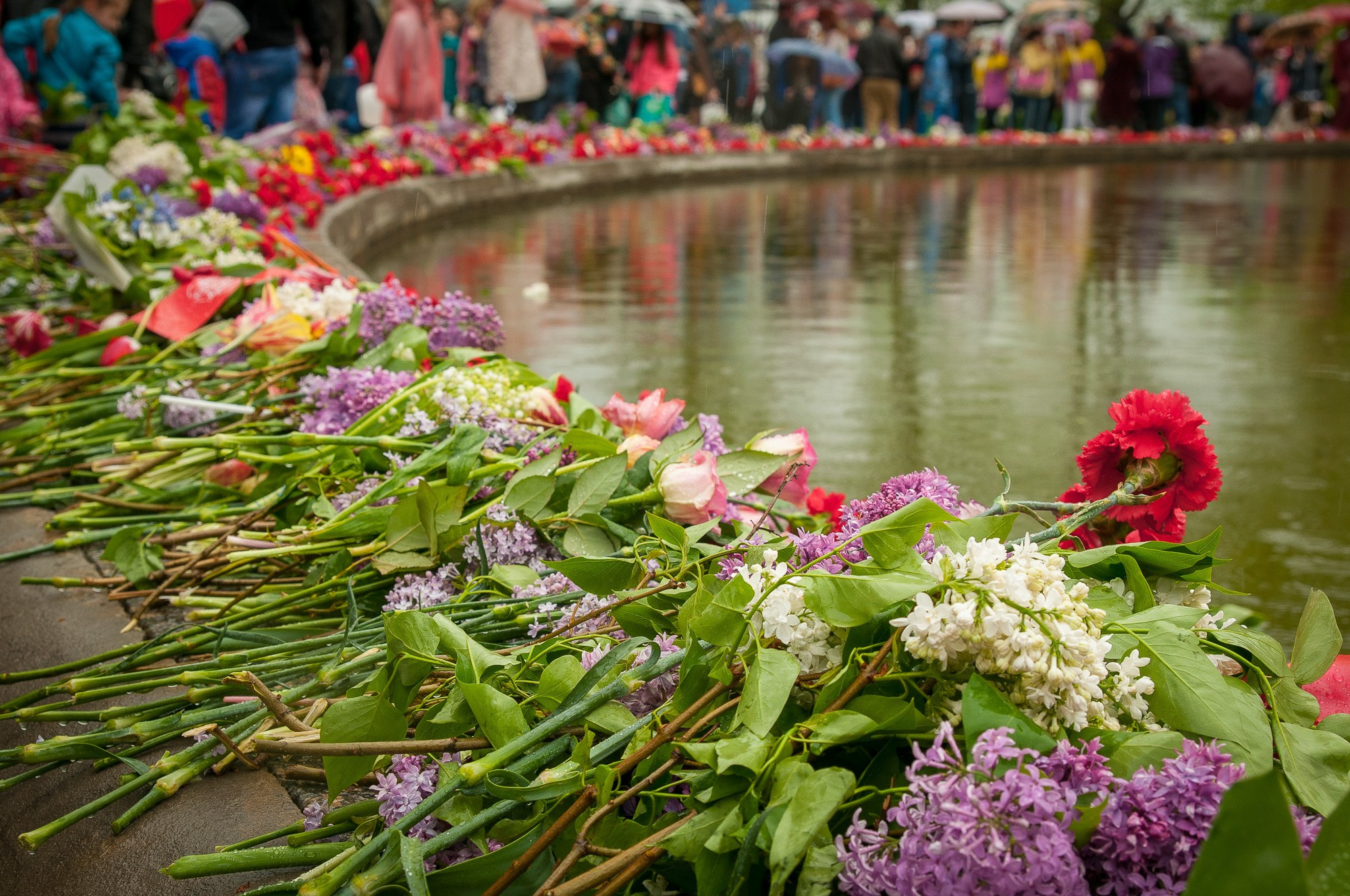 Цветы лежат у кромки бассейна памятника на Мамаевом кургане