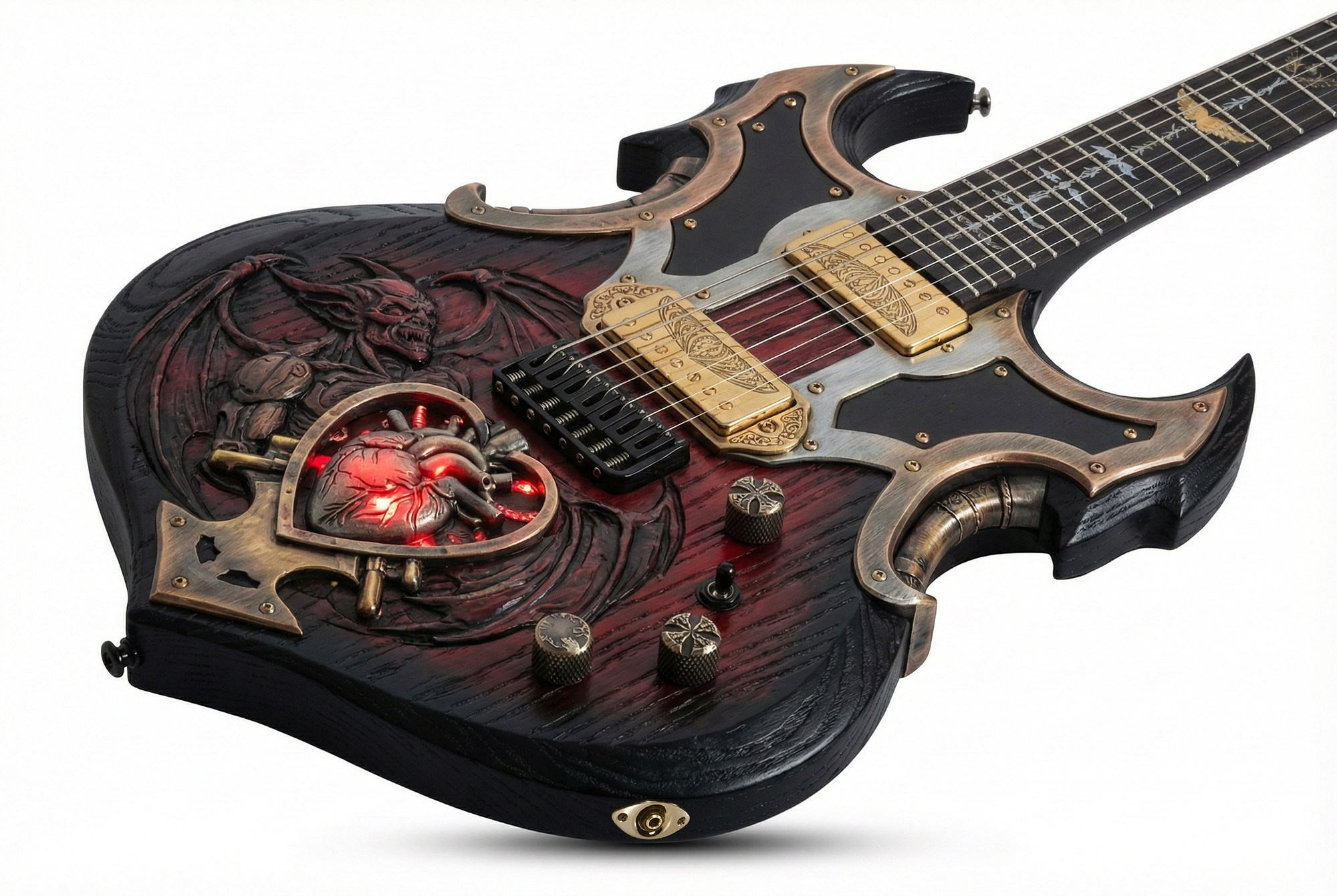 Дека гитары Heartforge Metallherz с двумя кастомными хамбакерами и головой демона резьбой ручной работы
