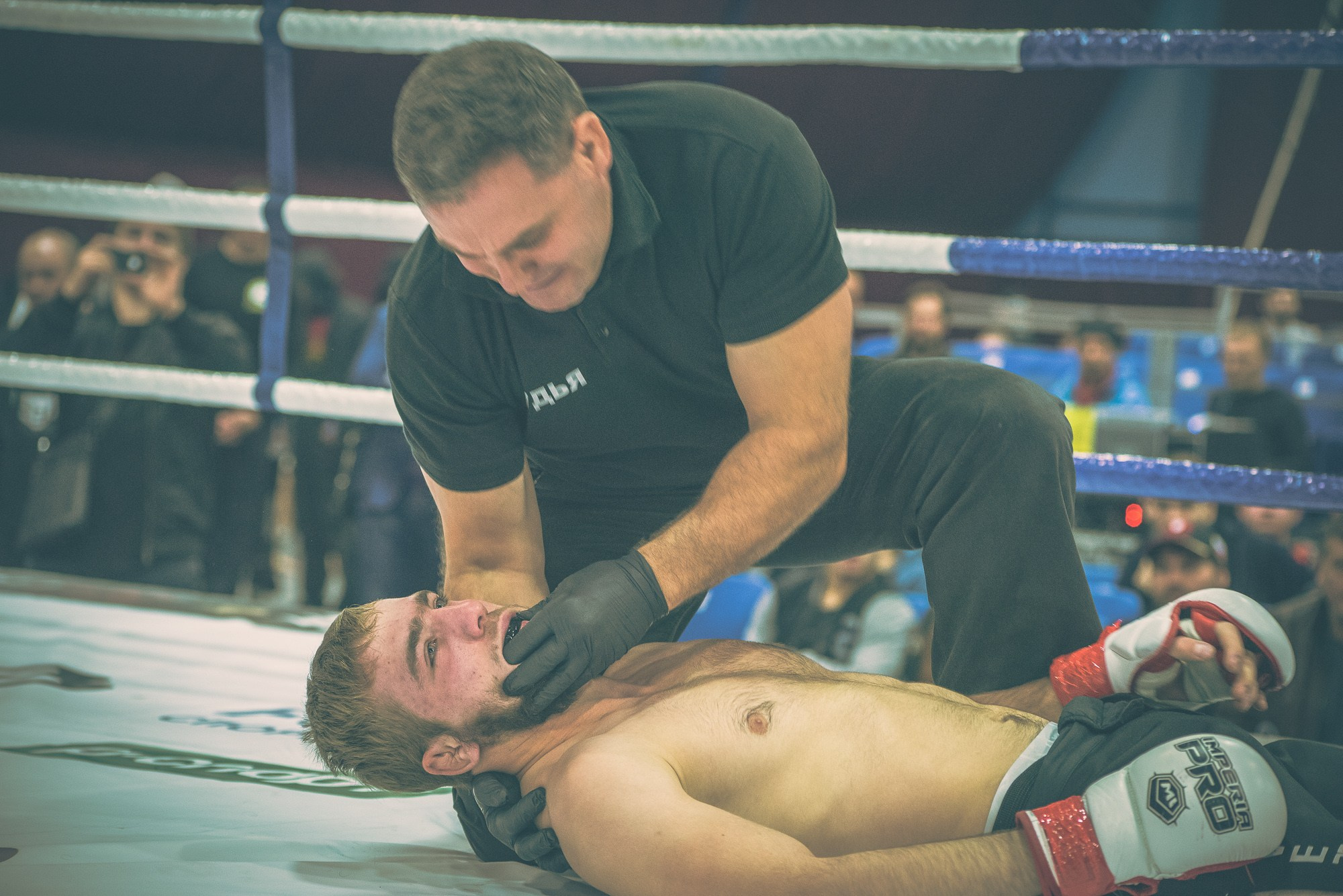 Судья вытаскивает капу изо рта спортсмена, потерявшего сознание после удара соперника