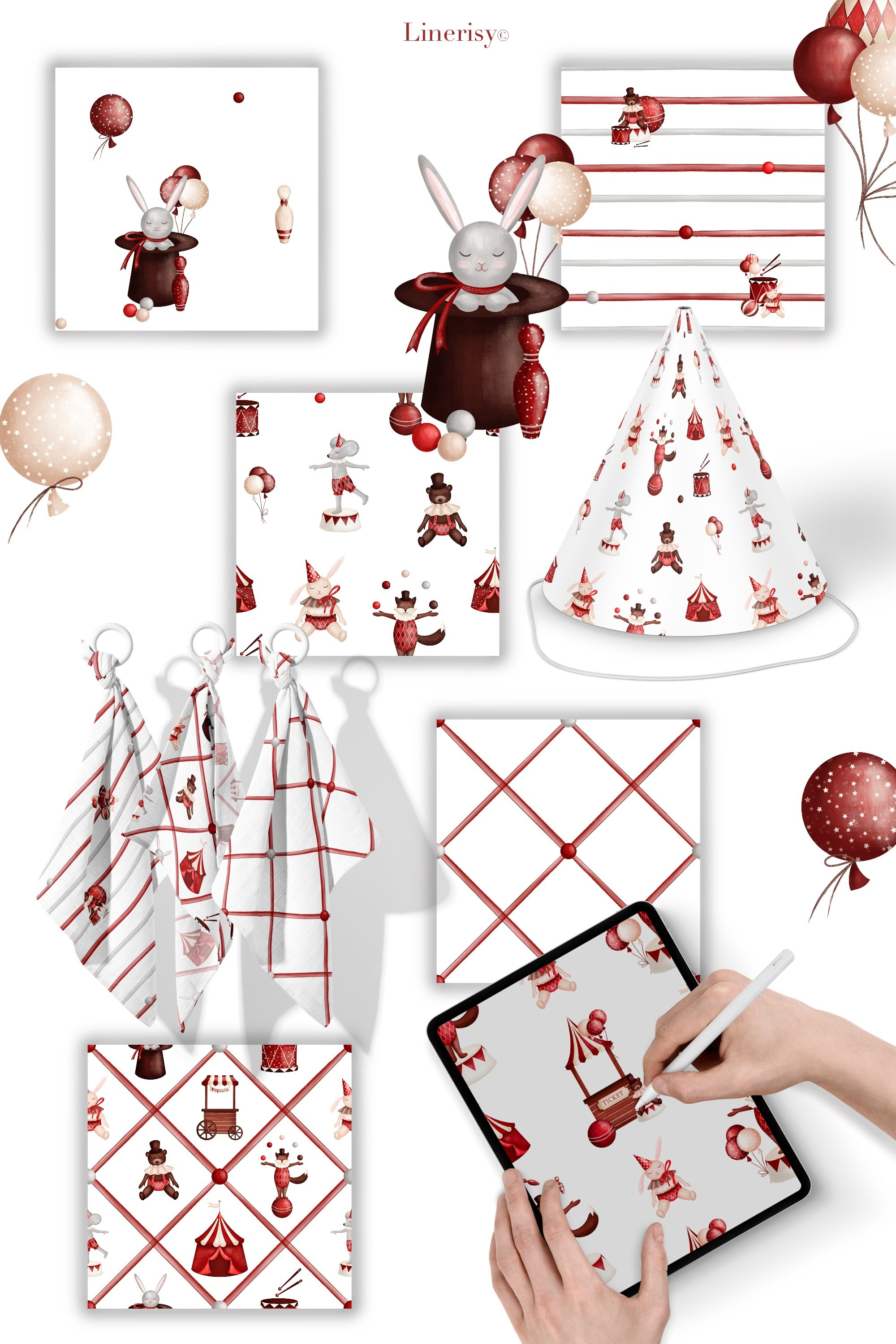 Коллекция «Цирк» — графические иллюстрации, композиции, постеры, фреймы, рамки и бесшовные паттерны. Художник-иллюстратор Евгения Бекренёва