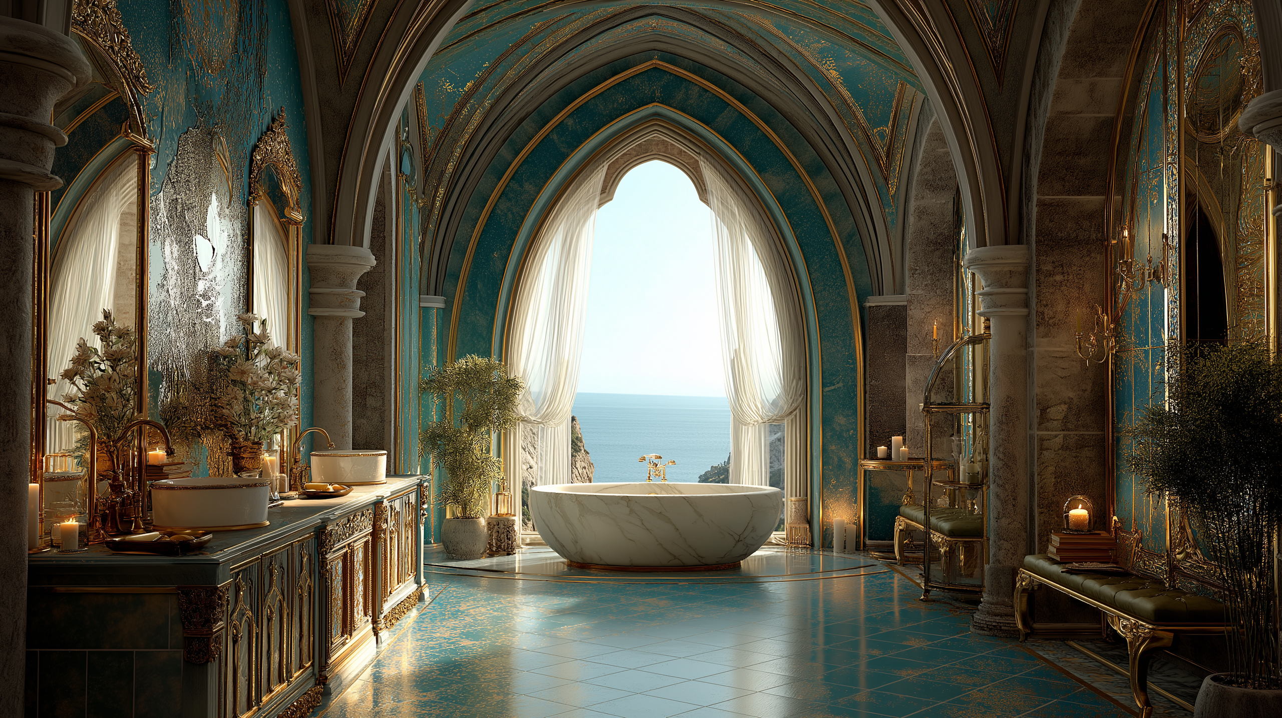 ИИ-сгенерированный интерьер с люксовой ванной и высококлассной сантехникой