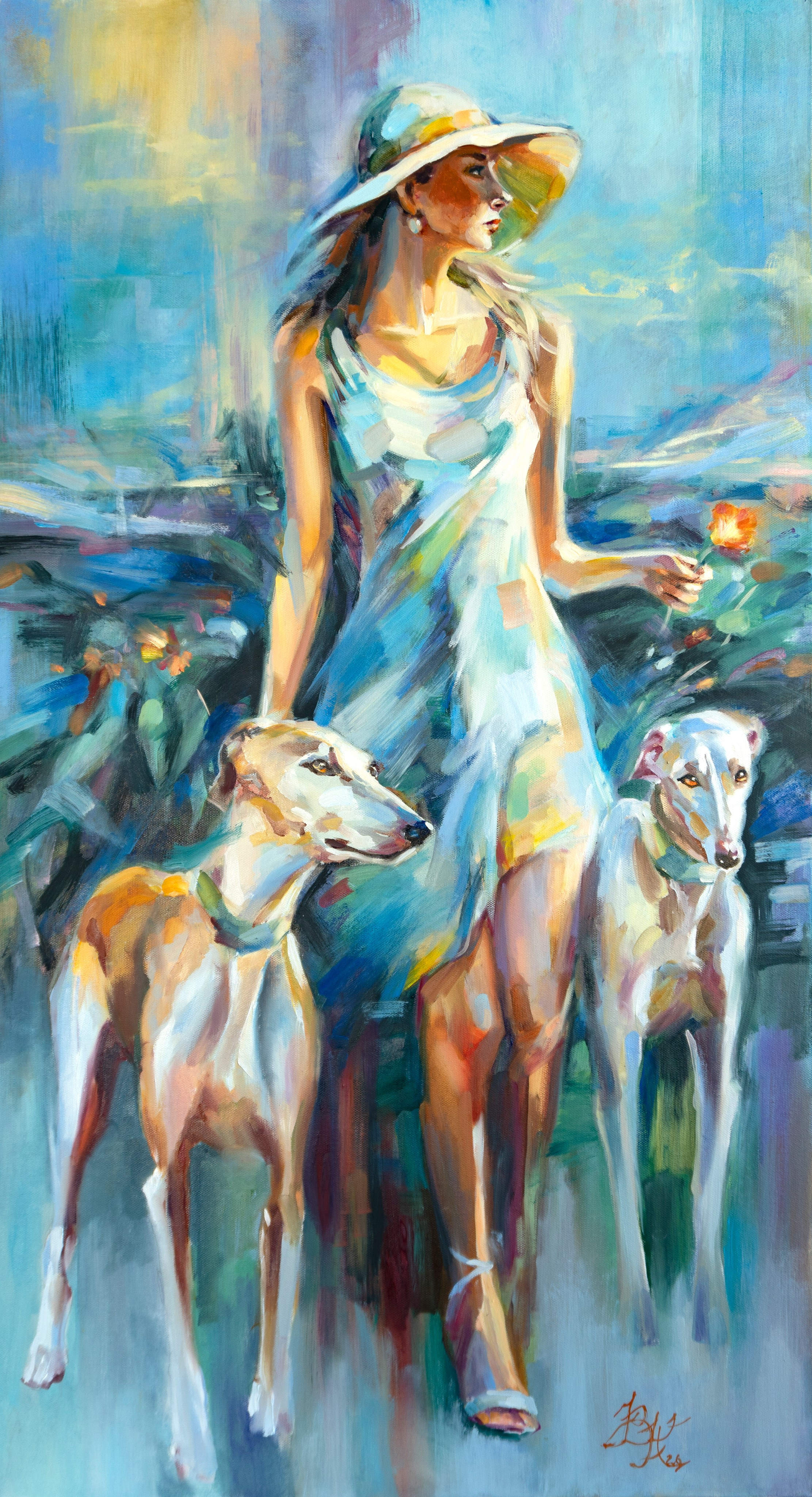 Картина маслом - прогулка с английскими гончими