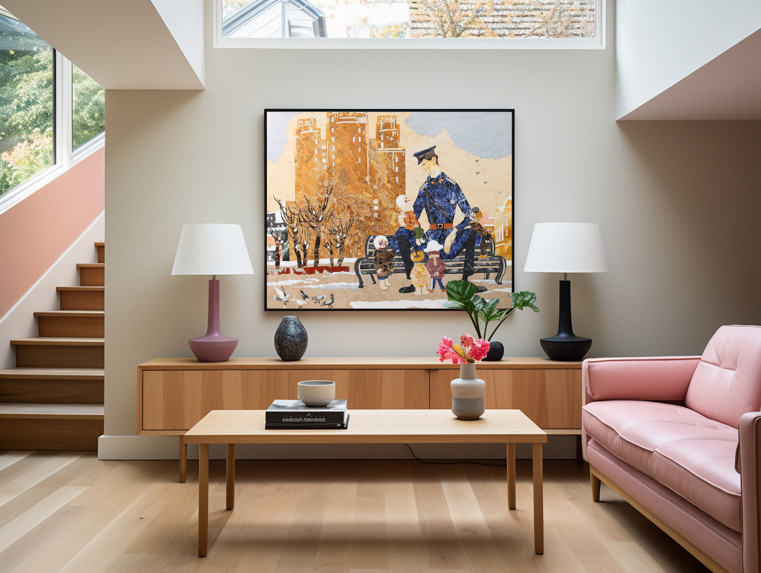 Интерьерная съемка, на фото картина выполненная в стиле флорентийской мозаики.