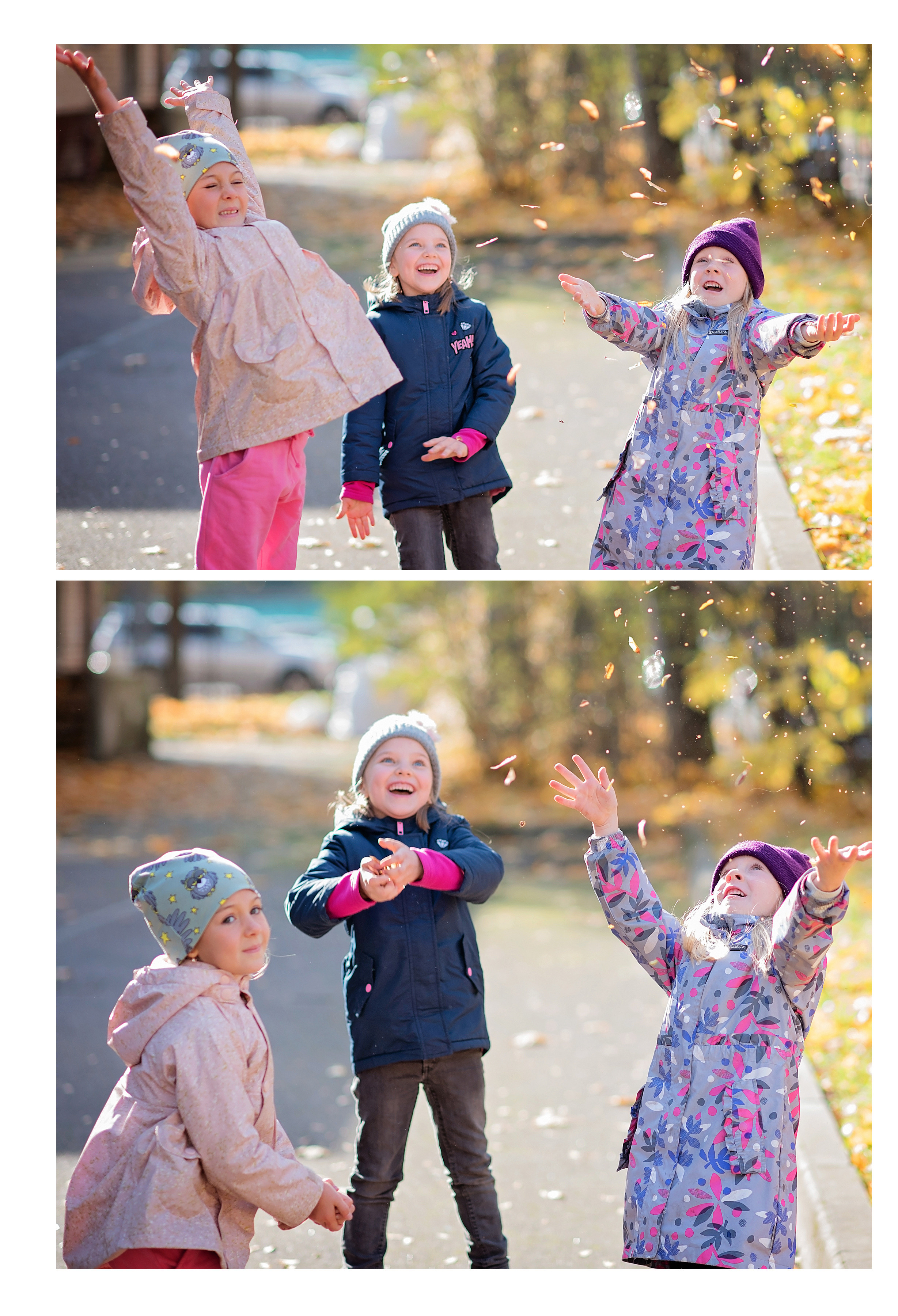 Веселые и счастливые дети кидают вверх осенние листья в детском саду во дворе