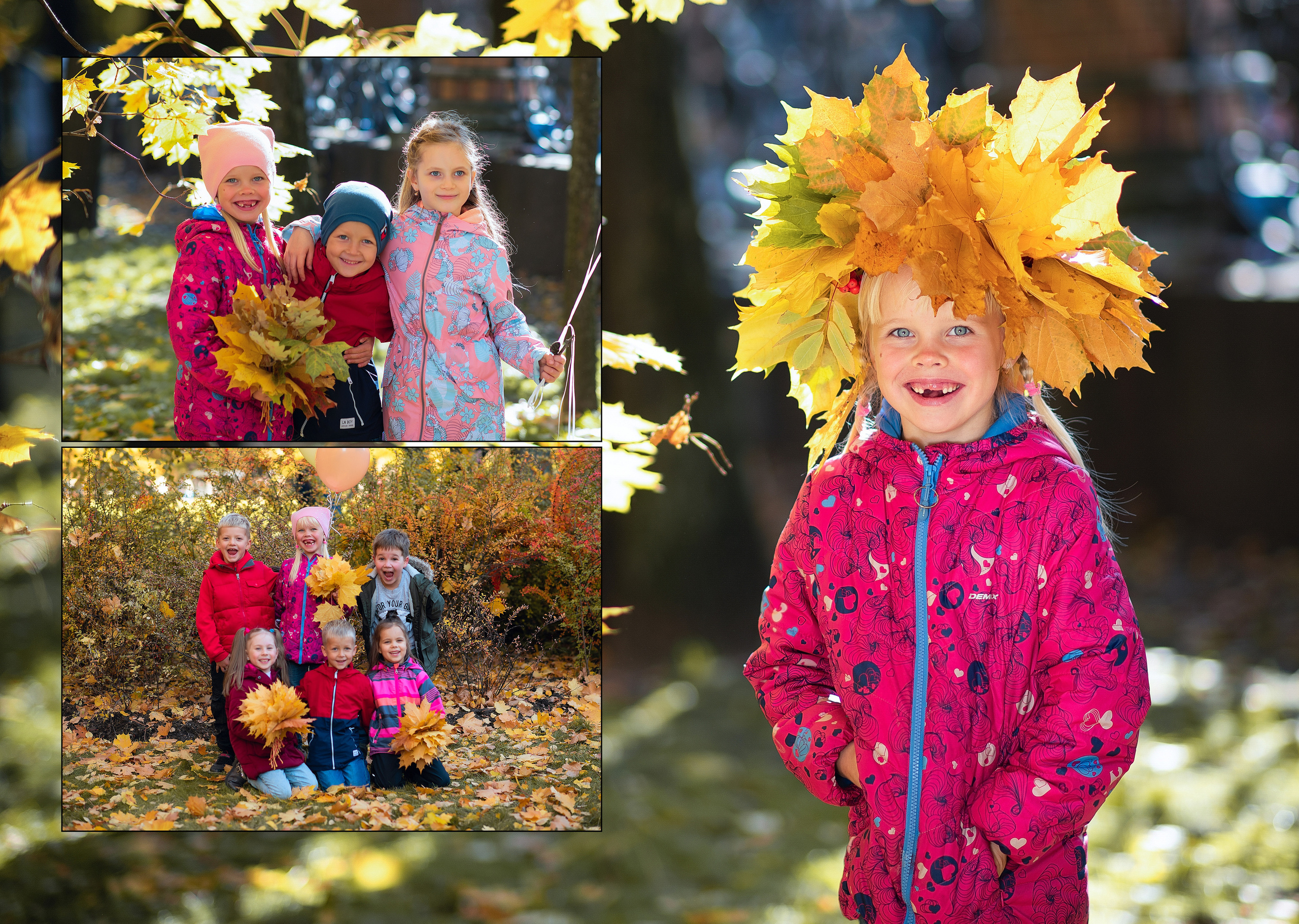 девочка стоит улыбается с венком на голове из желтых осенних листьев