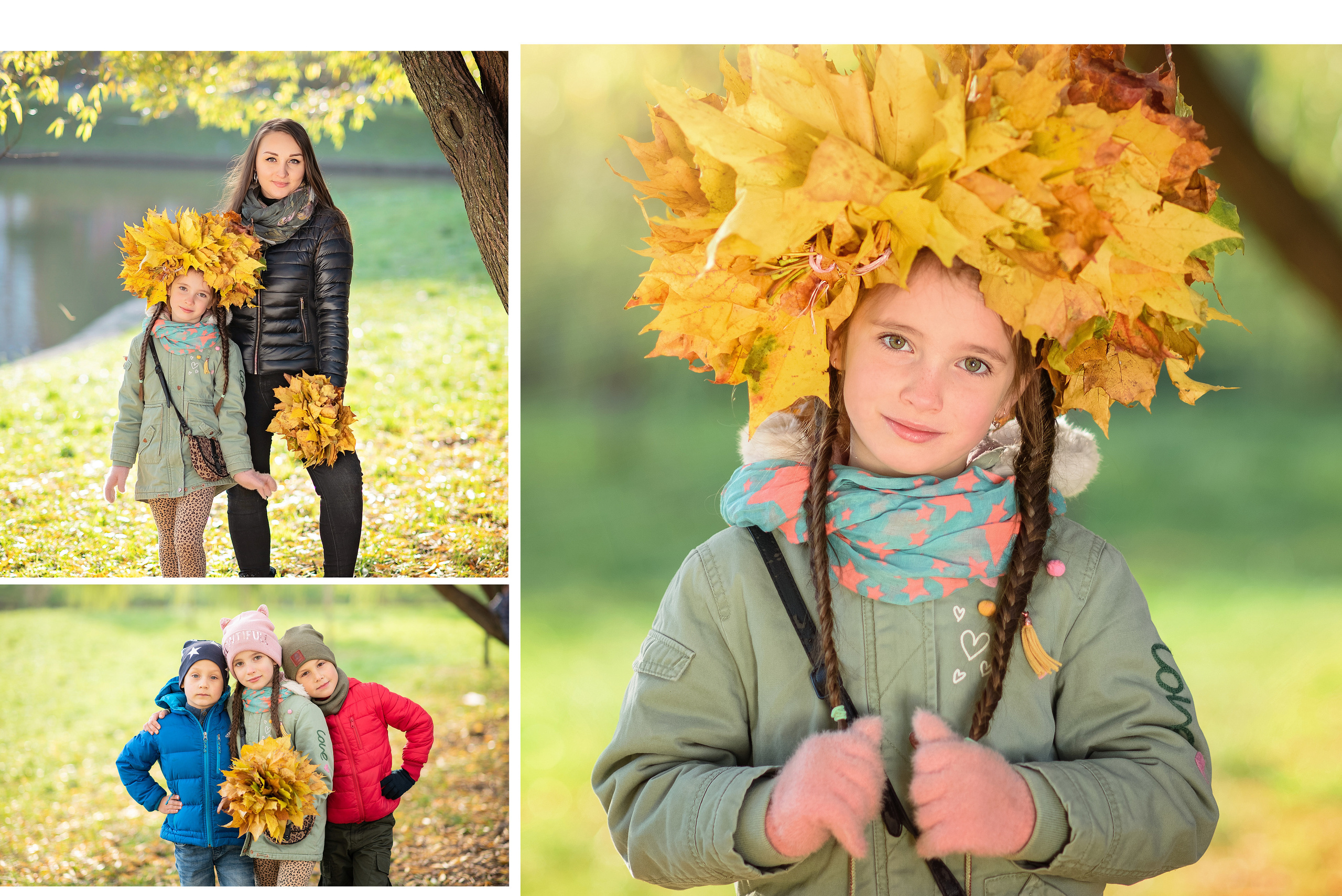девочка с мамой стоит в парке с букетом осенних листьев в руках и венком из осенних листьев на голове фотографируясь для выпускного альбома