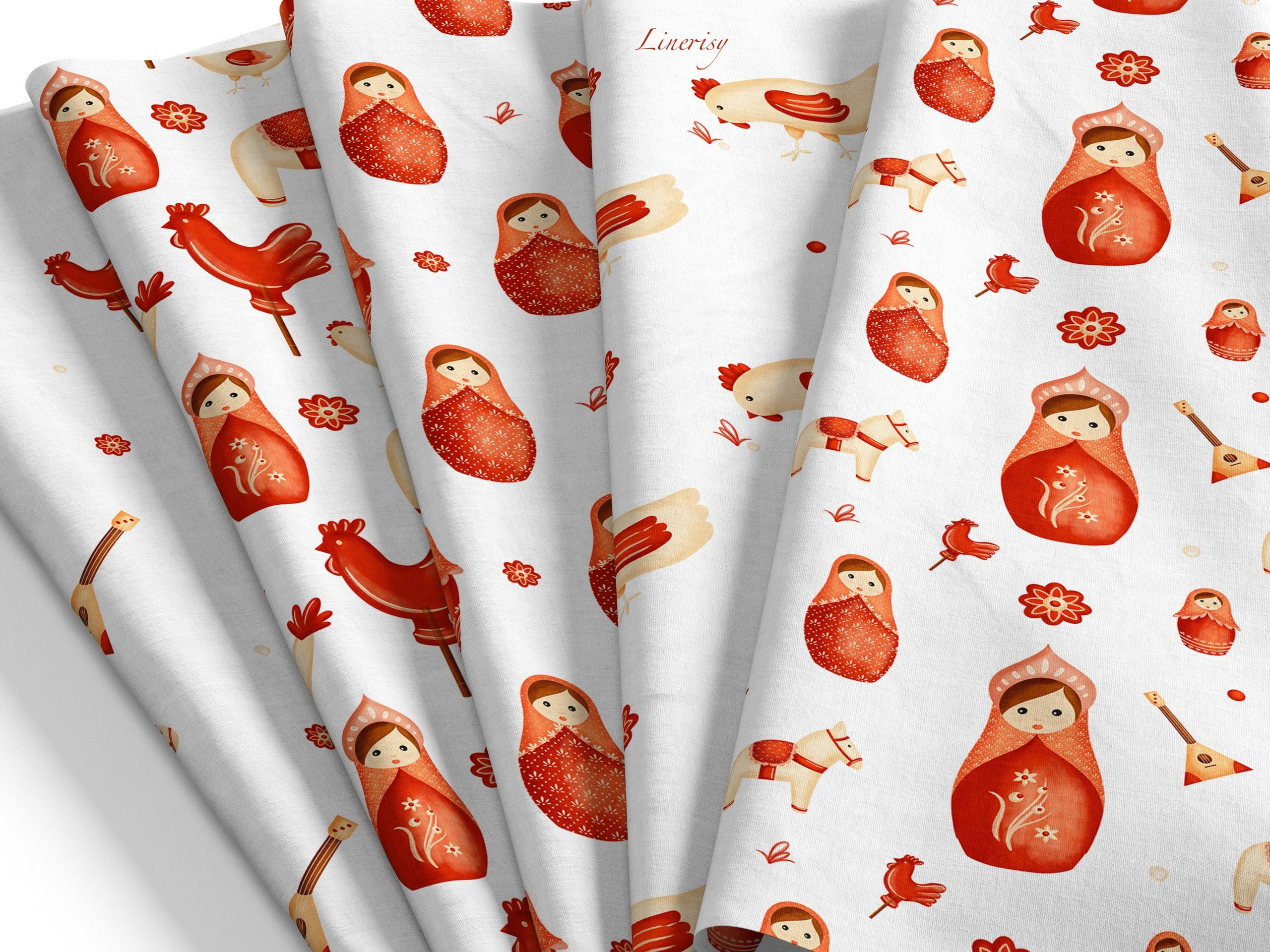 Коллекция «Матрёшки» — графические иллюстрации, композиции, бордюры, бесшовные паттерны и рамки. Художник-иллюстратор Евгения Бекренёва