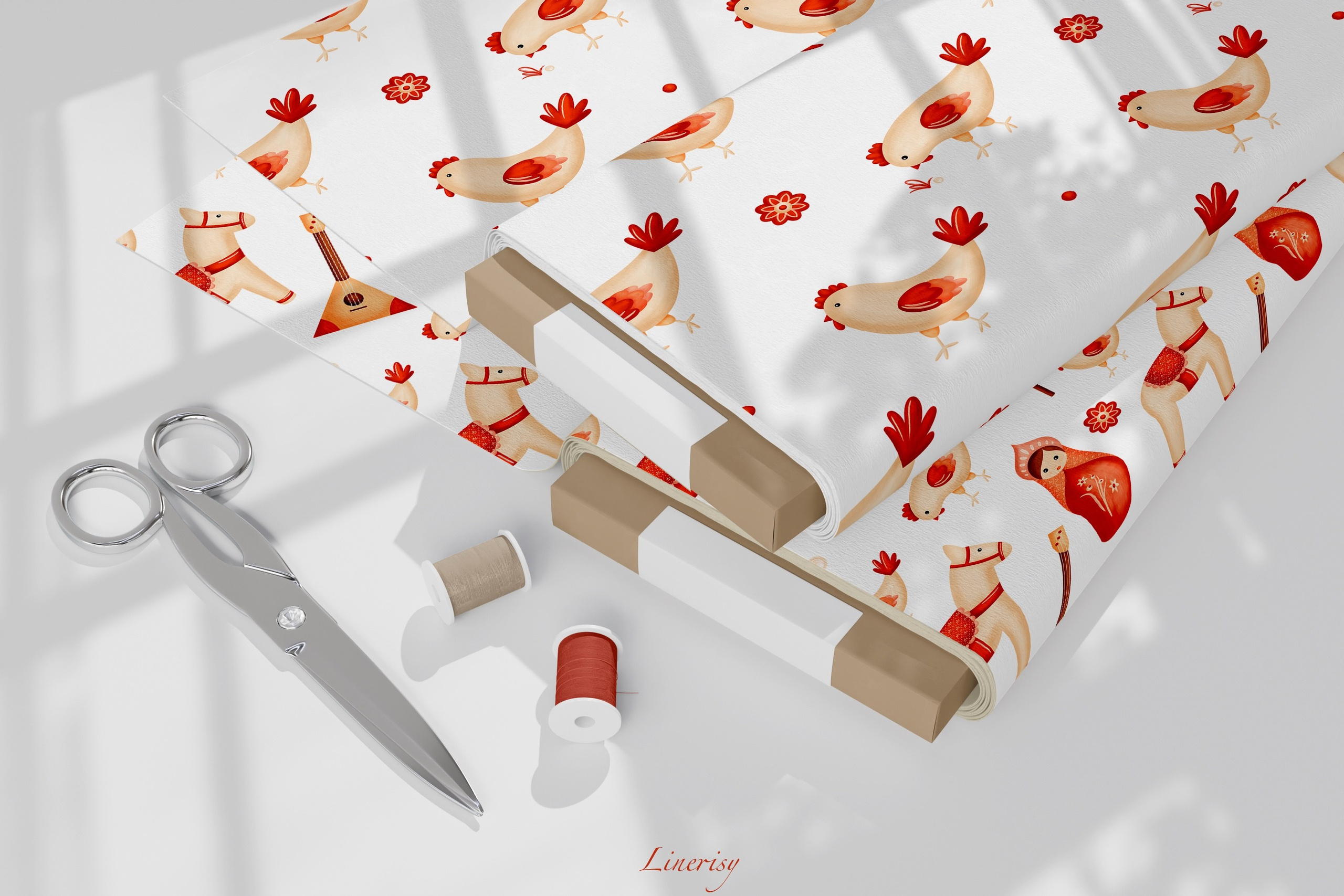 Коллекция «Матрёшки» — графические иллюстрации, композиции, бордюры, бесшовные паттерны и рамки. Художник-иллюстратор Евгения Бекренёва