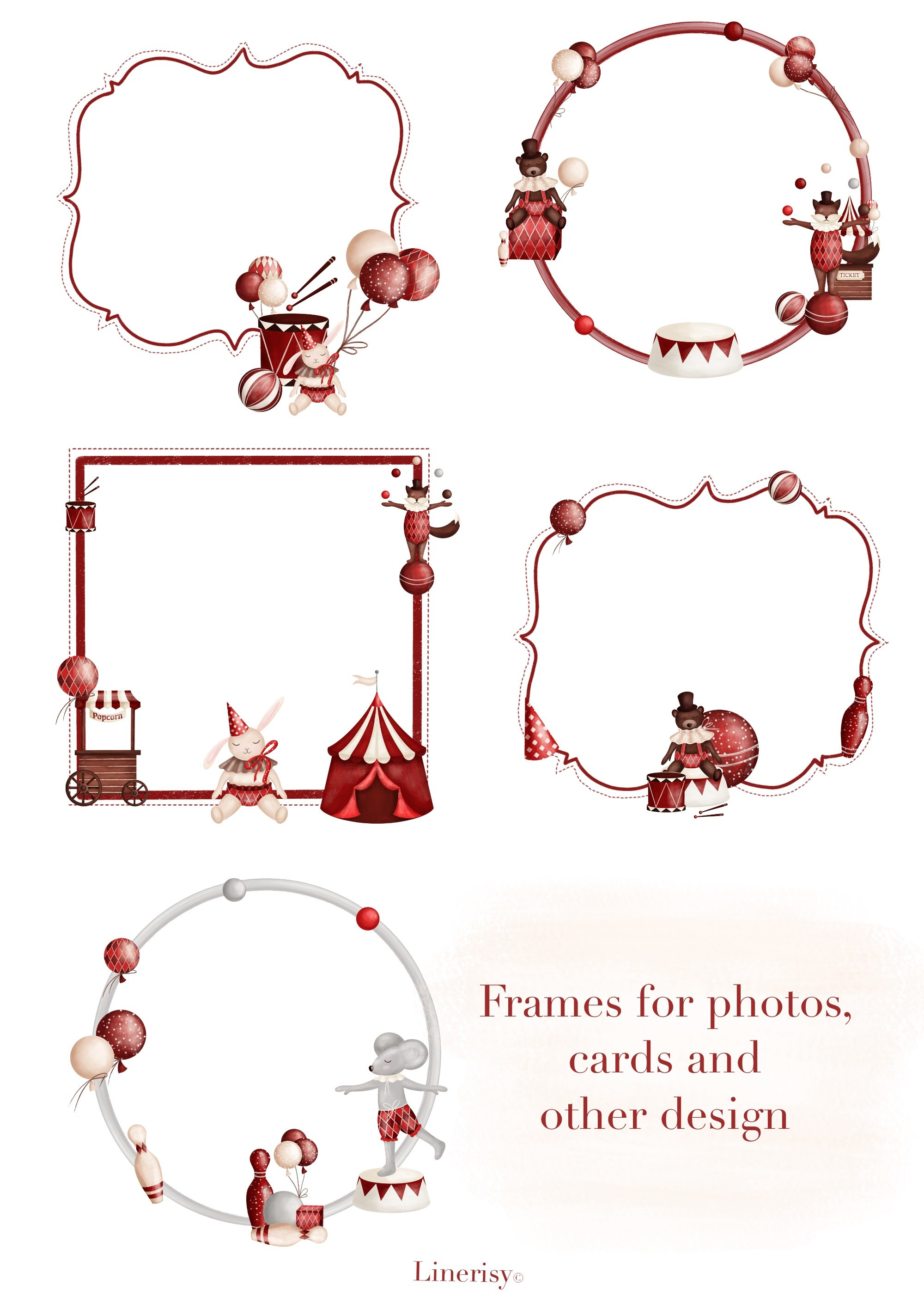 Коллекция «Цирк» — графические иллюстрации, композиции, постеры, фреймы, рамки и бесшовные паттерны. Художник-иллюстратор Евгения Бекренёва