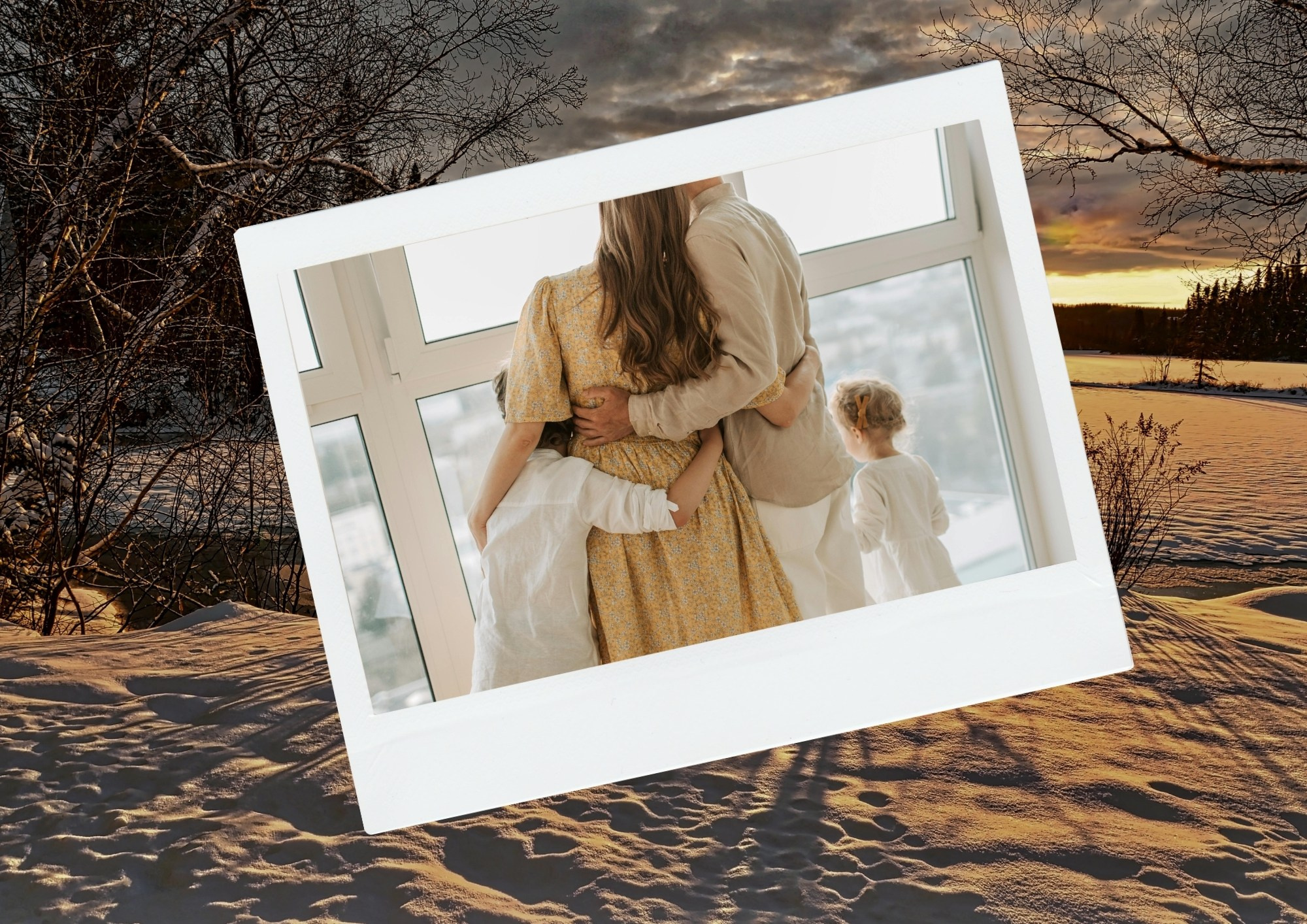 семья у панорамного окна зимой, полароид поверх зимнего пейзажа