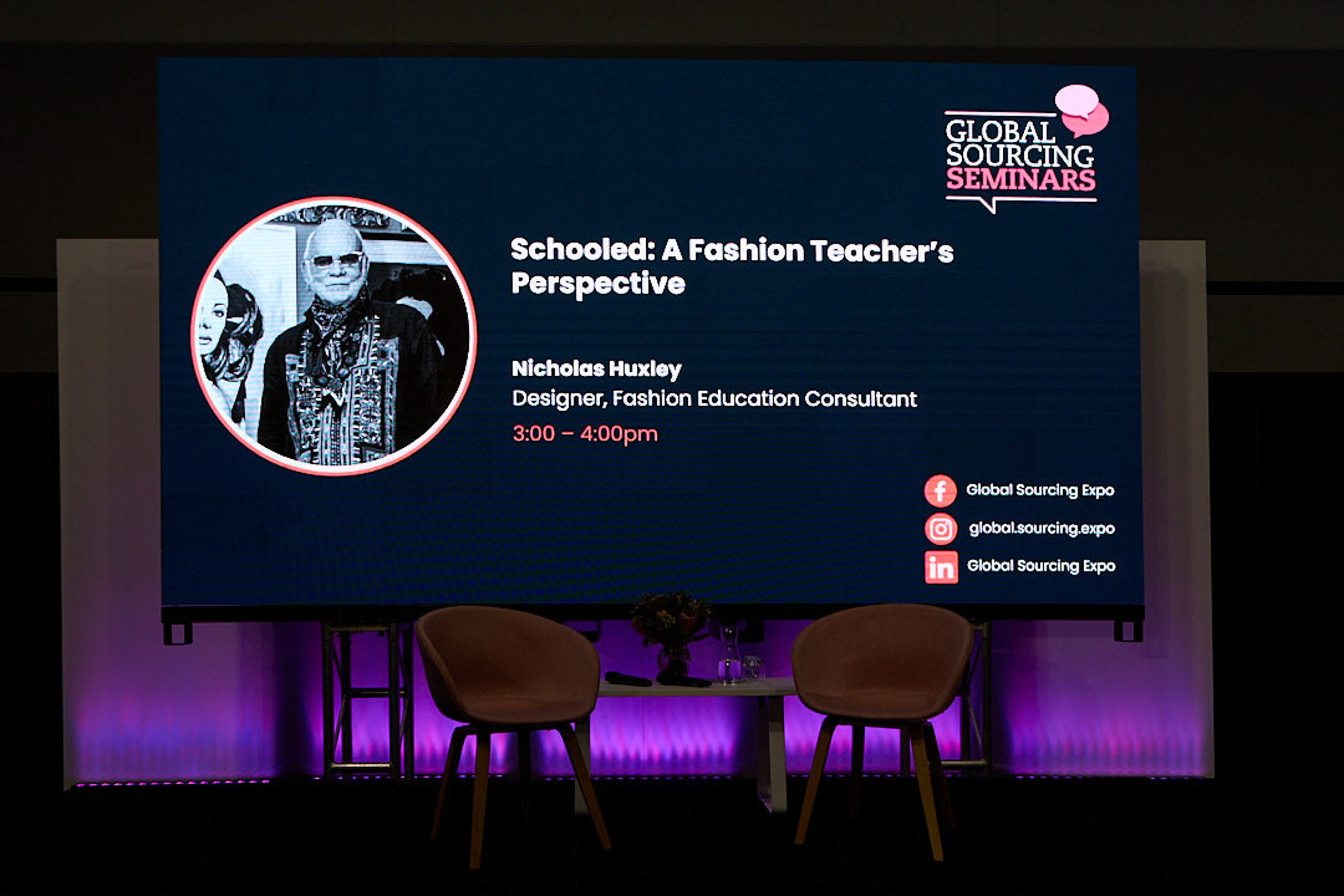 Stage setup for Nicholas Huxley's session at Global Sourcing Seminars during Global Sourcing Expo Sydney.